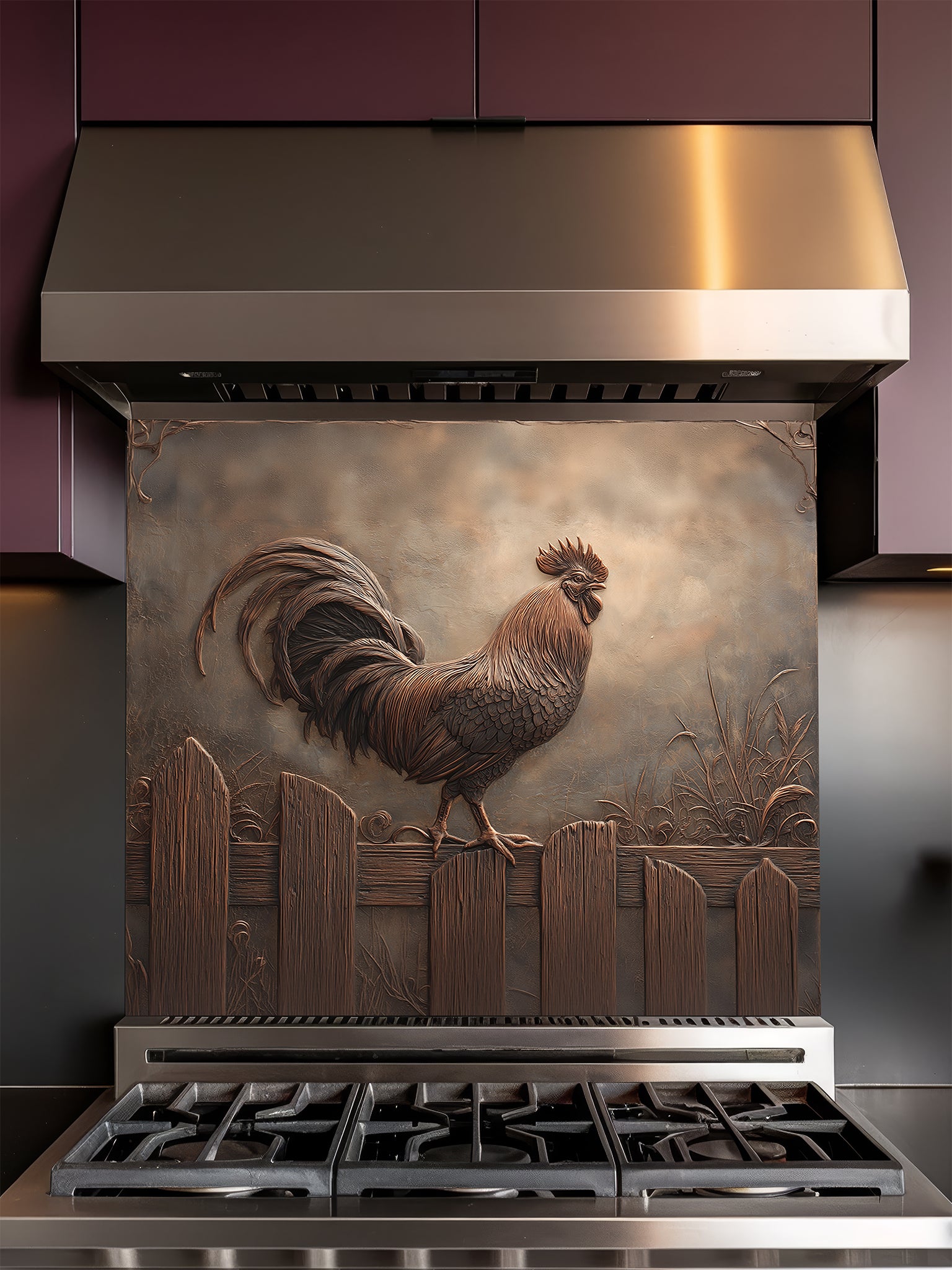 Tempered glass kitchen backsplash featuring a highly realistic 3D faux copper metal relief design of a rustic rooster standing on a fence, installed behind a modern stainless steel stove.