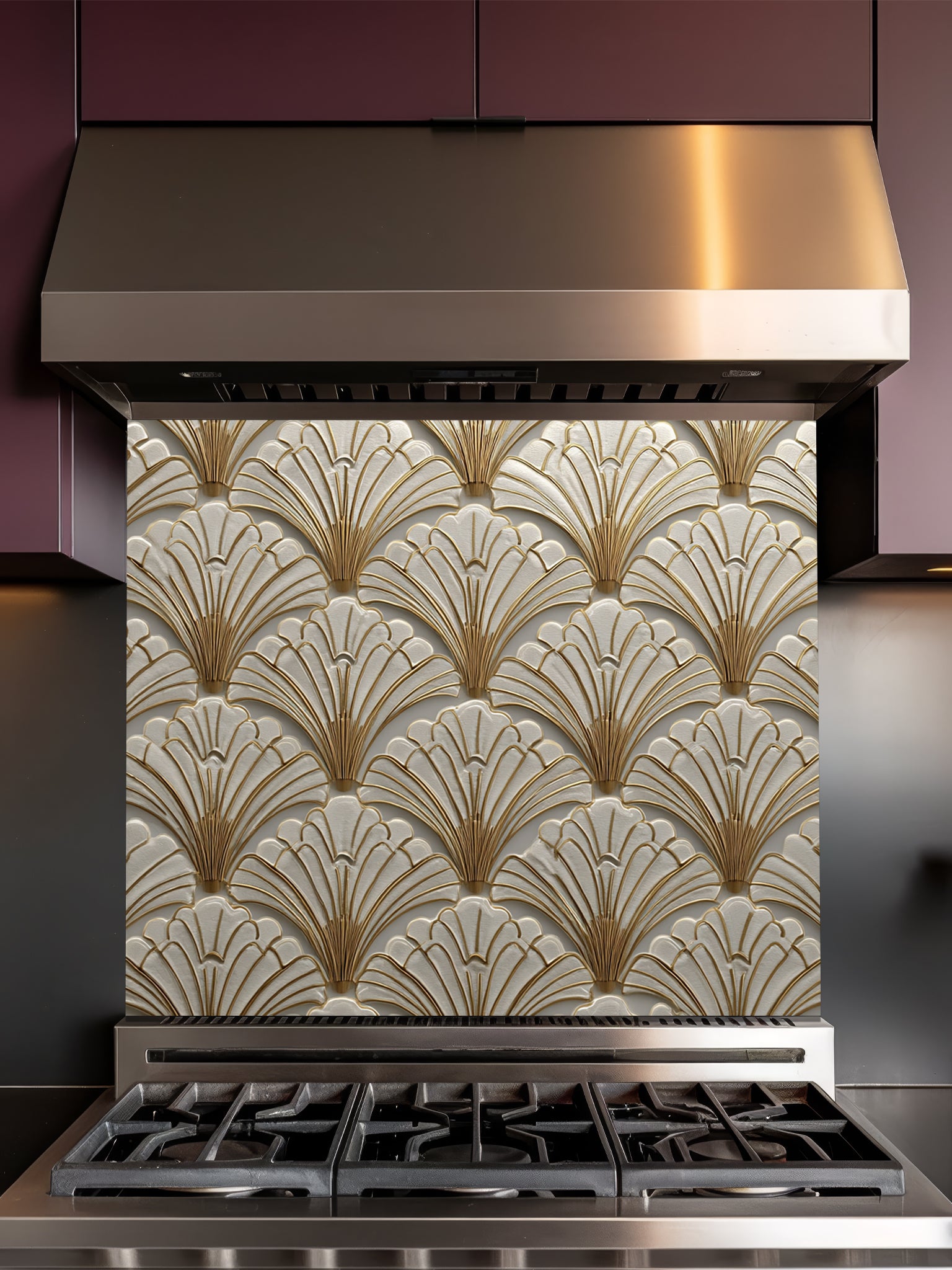 Tempered glass kitchen backsplash featuring a highly realistic 3D illusion of an Art Deco scalloped fan pattern in creamy ivory with elegant faux gold metallic outlines, installed behind a modern black stove.