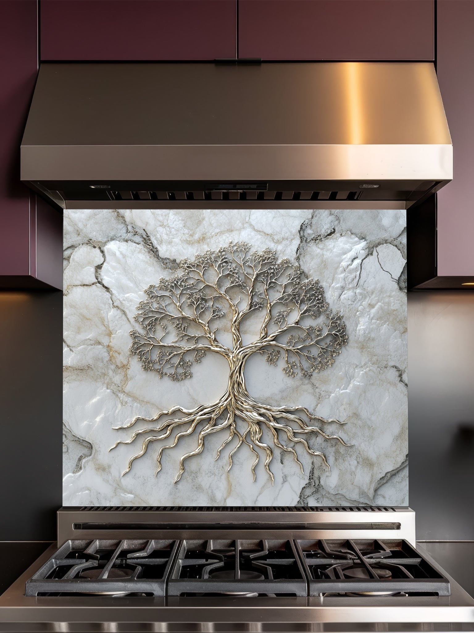 Faux 3D effect metallic Tree of Life on a light marble texture background, UV printed on a smooth tempered glass kitchen backsplash, installed behind a modern stove.