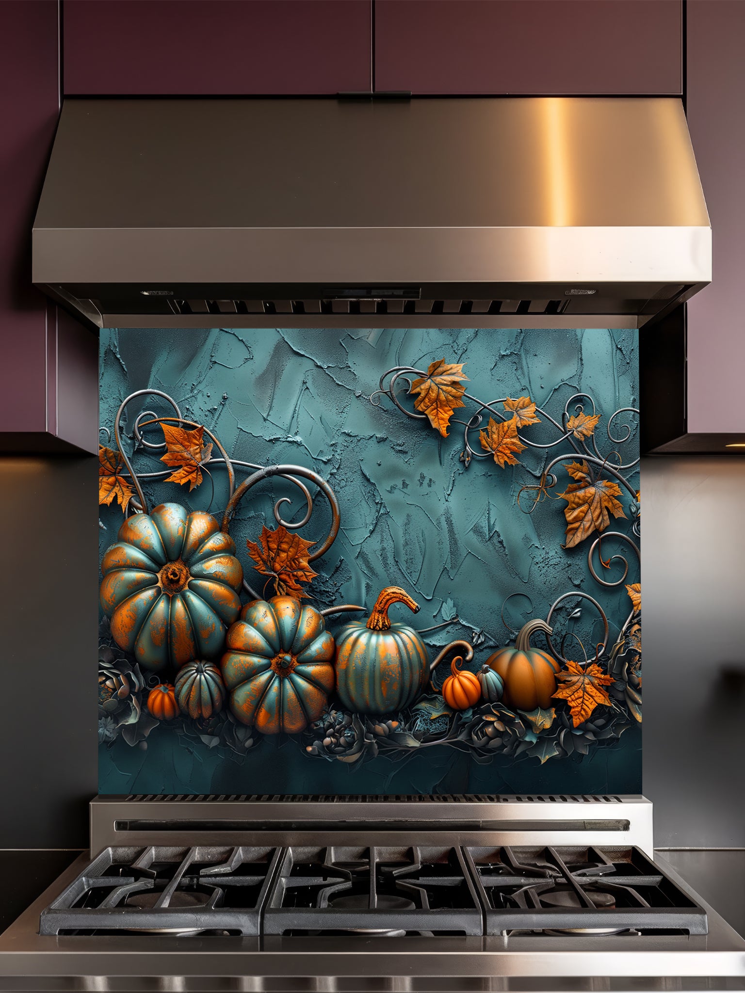 Tempered glass kitchen backsplash featuring a highly realistic 3D illusion of embossed teal and orange pumpkins surrounded by whimsical copper vines and autumn leaves against a textured dark teal background, installed behind a modern black stove.