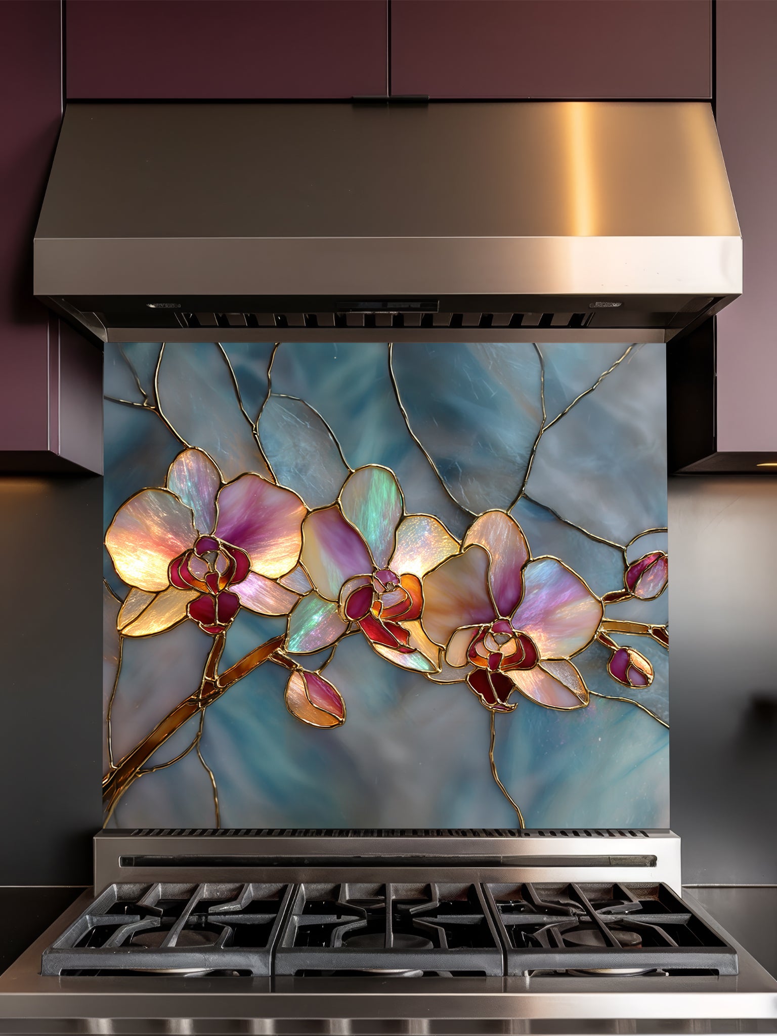 Faux stained glass pattern featuring glowing pink and magenta orchids with gold outlines against a swirling teal and blue mosaic background, UV printed on a smooth tempered glass kitchen backsplash.
