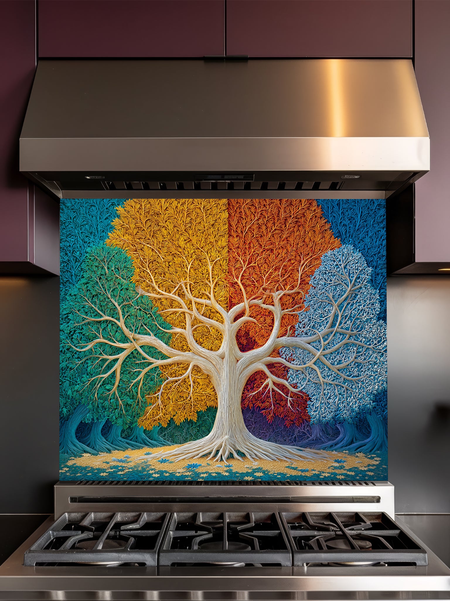 Faux 3D relief art of a Tree of Life with intricately textured leaves divided into four vibrant colors representing the four seasons, UV printed on a smooth tempered glass kitchen backsplash.