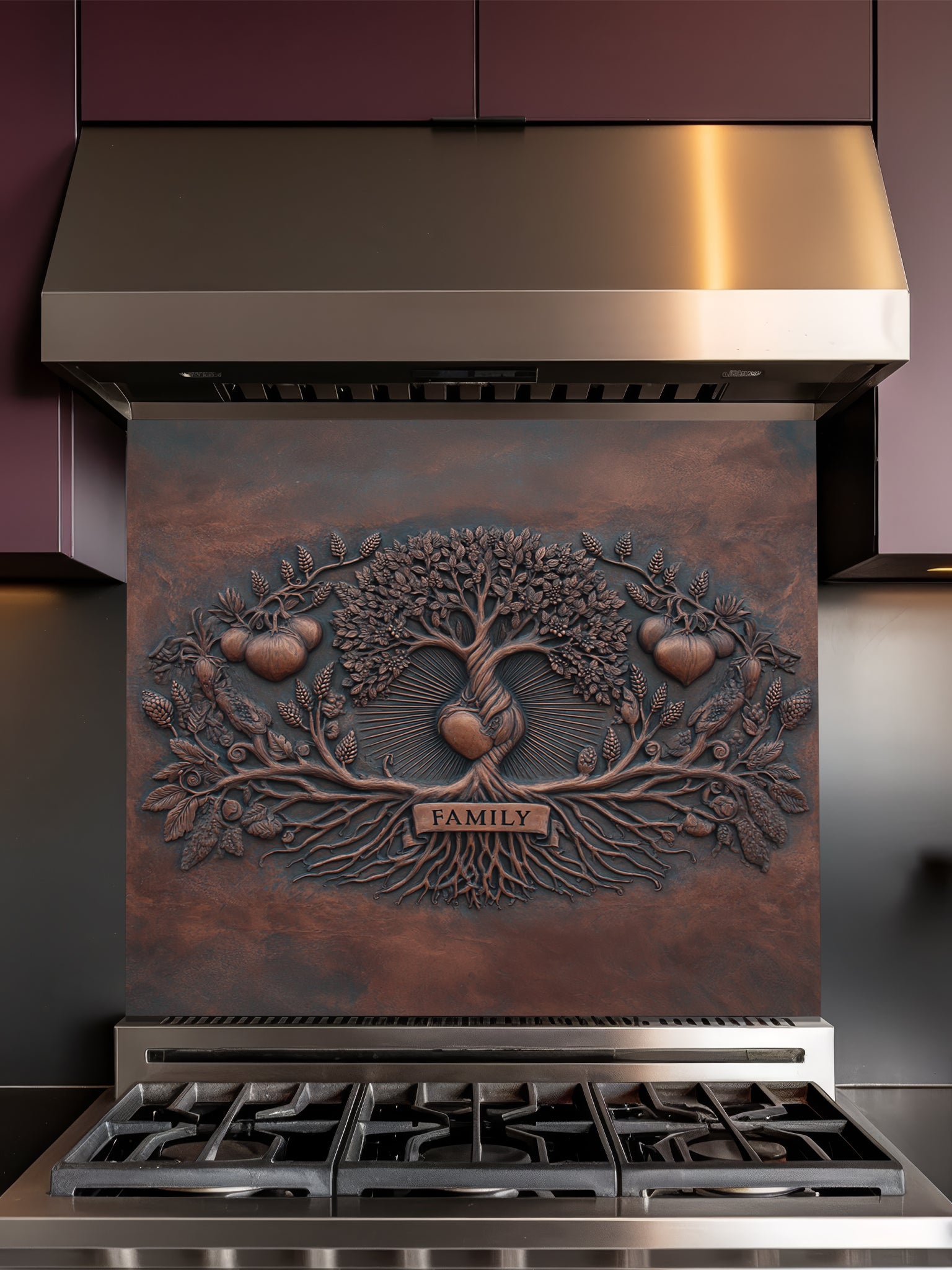 Faux 3D sculpted iron and copper relief of a family tree with a central radiating heart and a single 'FAMILY' banner over the roots, UV printed on a smooth tempered glass kitchen backsplash.