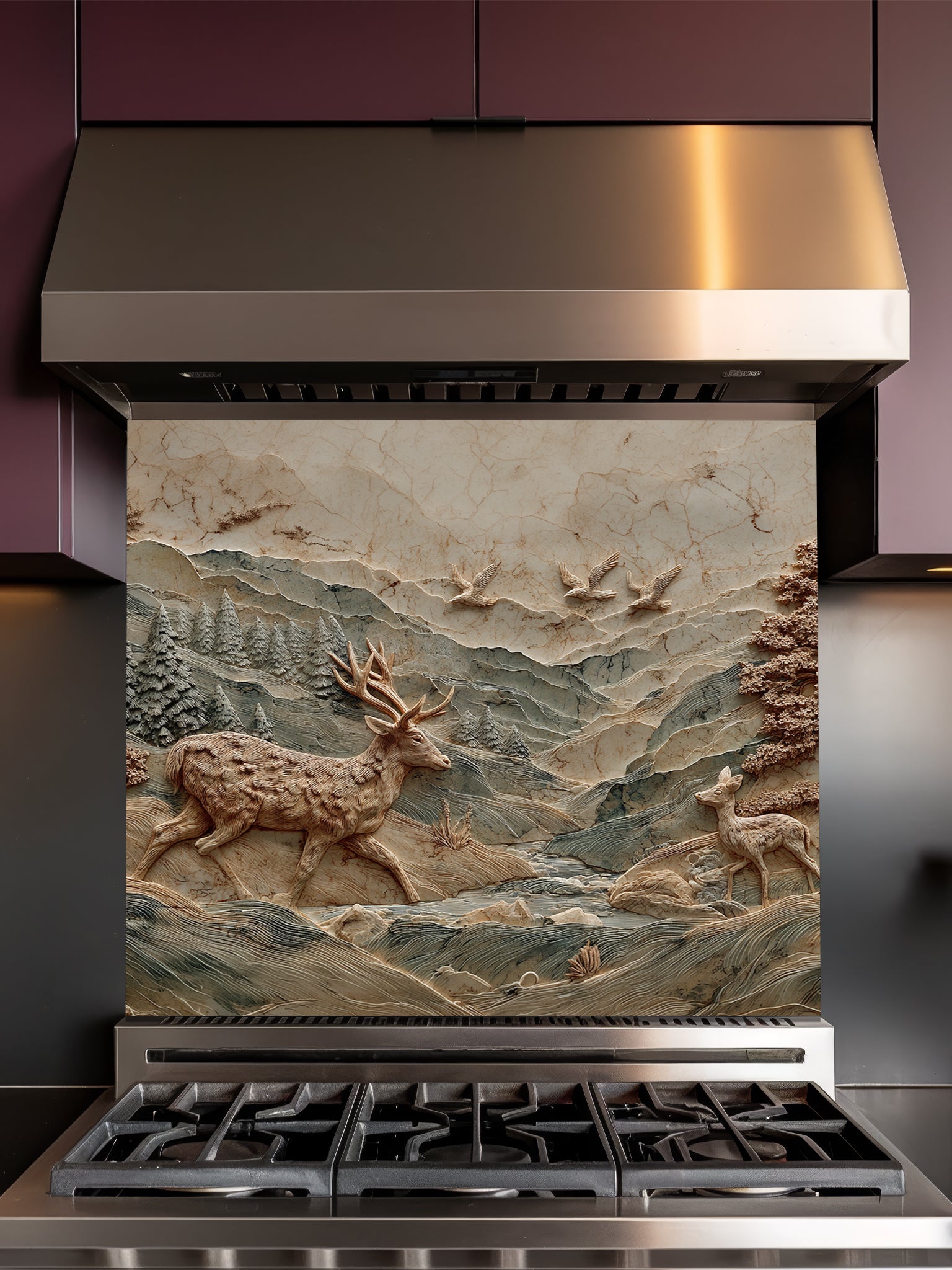 Tempered glass kitchen backsplash featuring a highly realistic 3D illusion of an intricately carved wooden bas-relief sculpture showing a majestic stag and a fawn wandering through a textured mountain and pine forest landscape, installed behind a modern black stove.