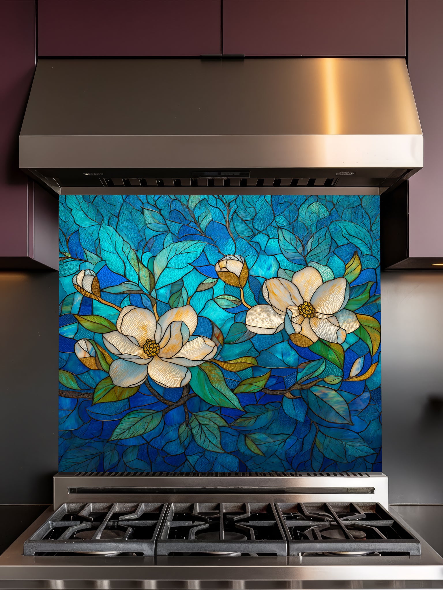 Stained glass style floral pattern featuring large white magnolia blossoms and green leaves against a vibrant blue and turquoise background, UV printed on a smooth tempered glass kitchen backsplash.