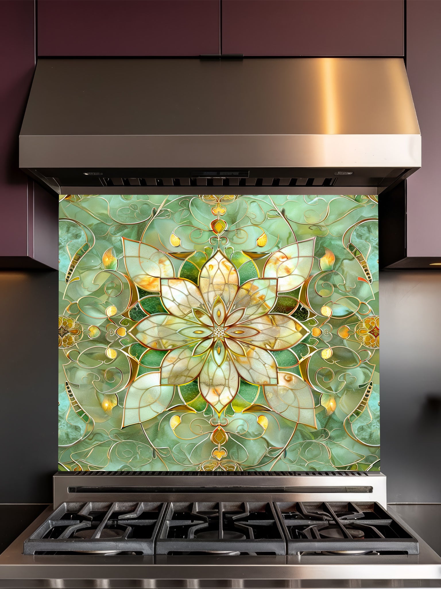 Stained glass style green and gold floral mandala UV printed on a smooth tempered glass kitchen backsplash, installed behind a modern stove.