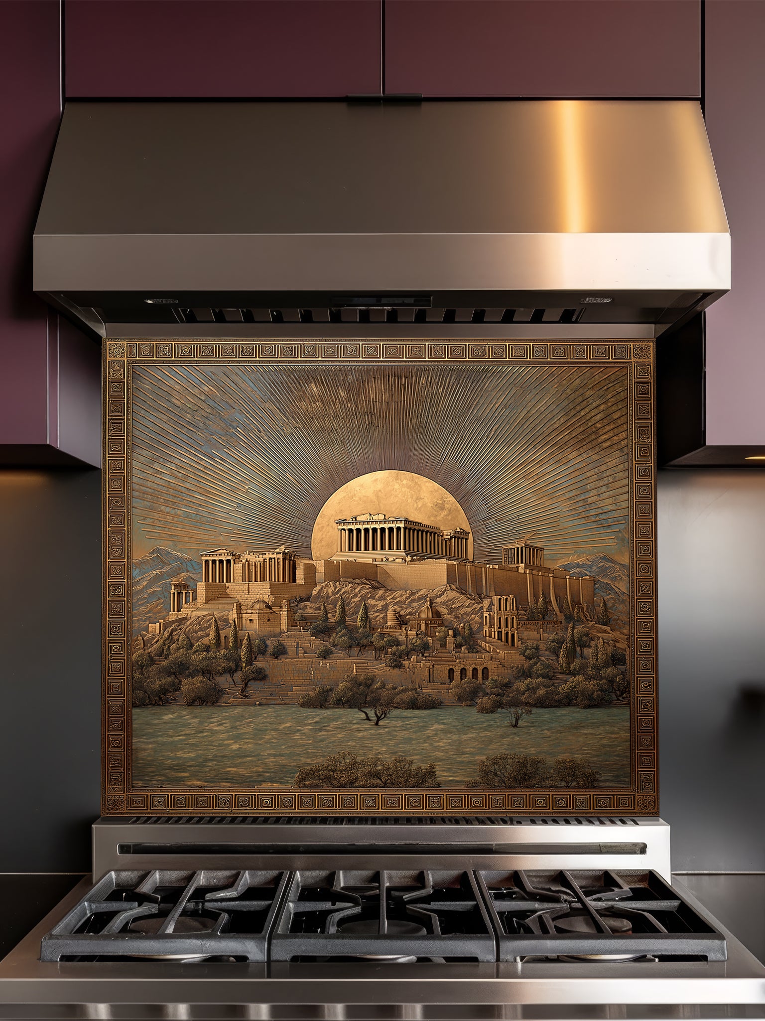 Faux 3D sculpted gold and bronze relief of the Ancient Greek Acropolis and Parthenon under a glowing moon, framed by a Greek key border, UV printed on a smooth tempered glass kitchen backsplash.