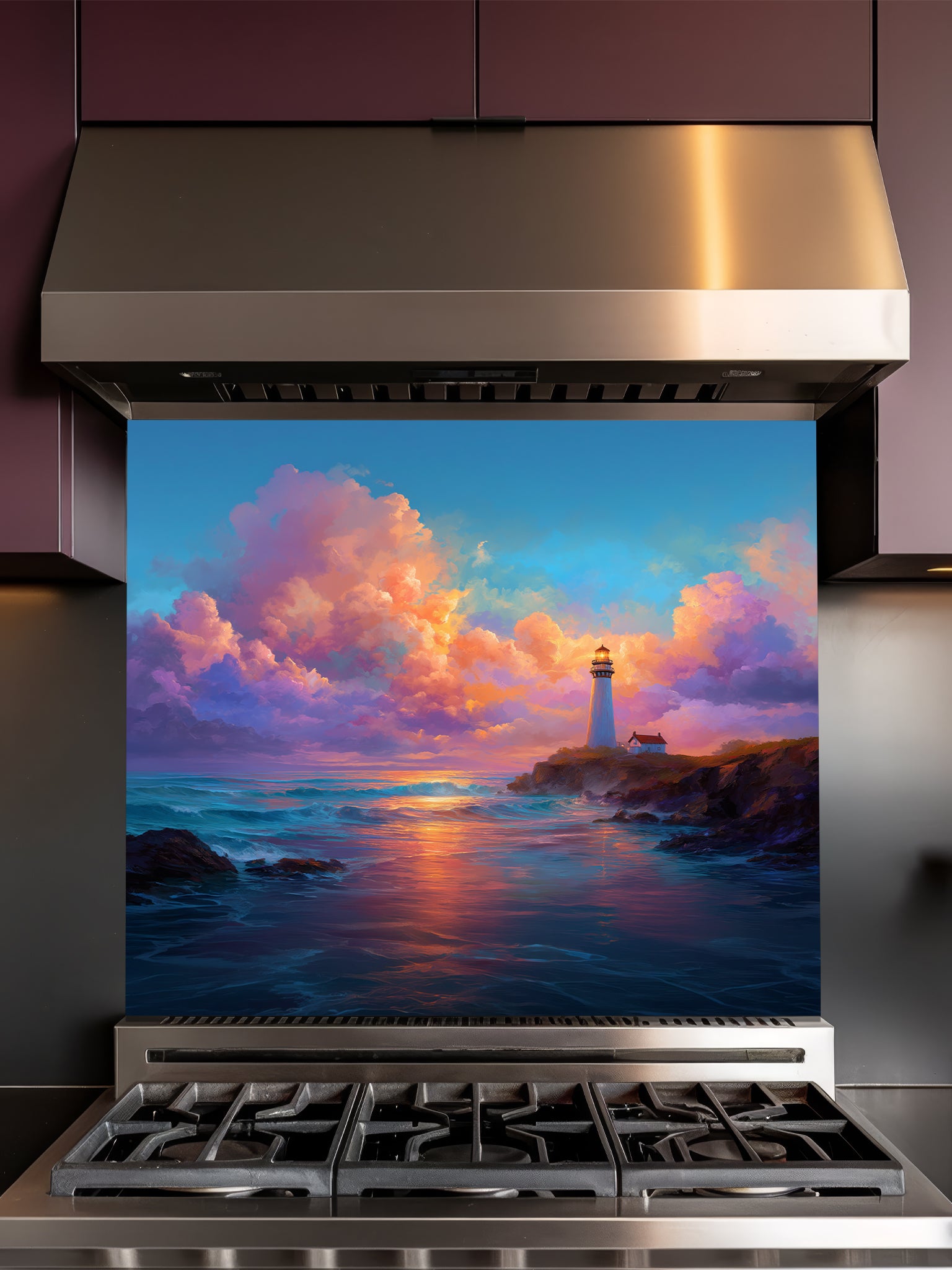 Painting style landscape of a classic lighthouse on a rocky cliff overlooking ocean waves under a colorful sunset sky, UV printed on a smooth tempered glass kitchen backsplash.
