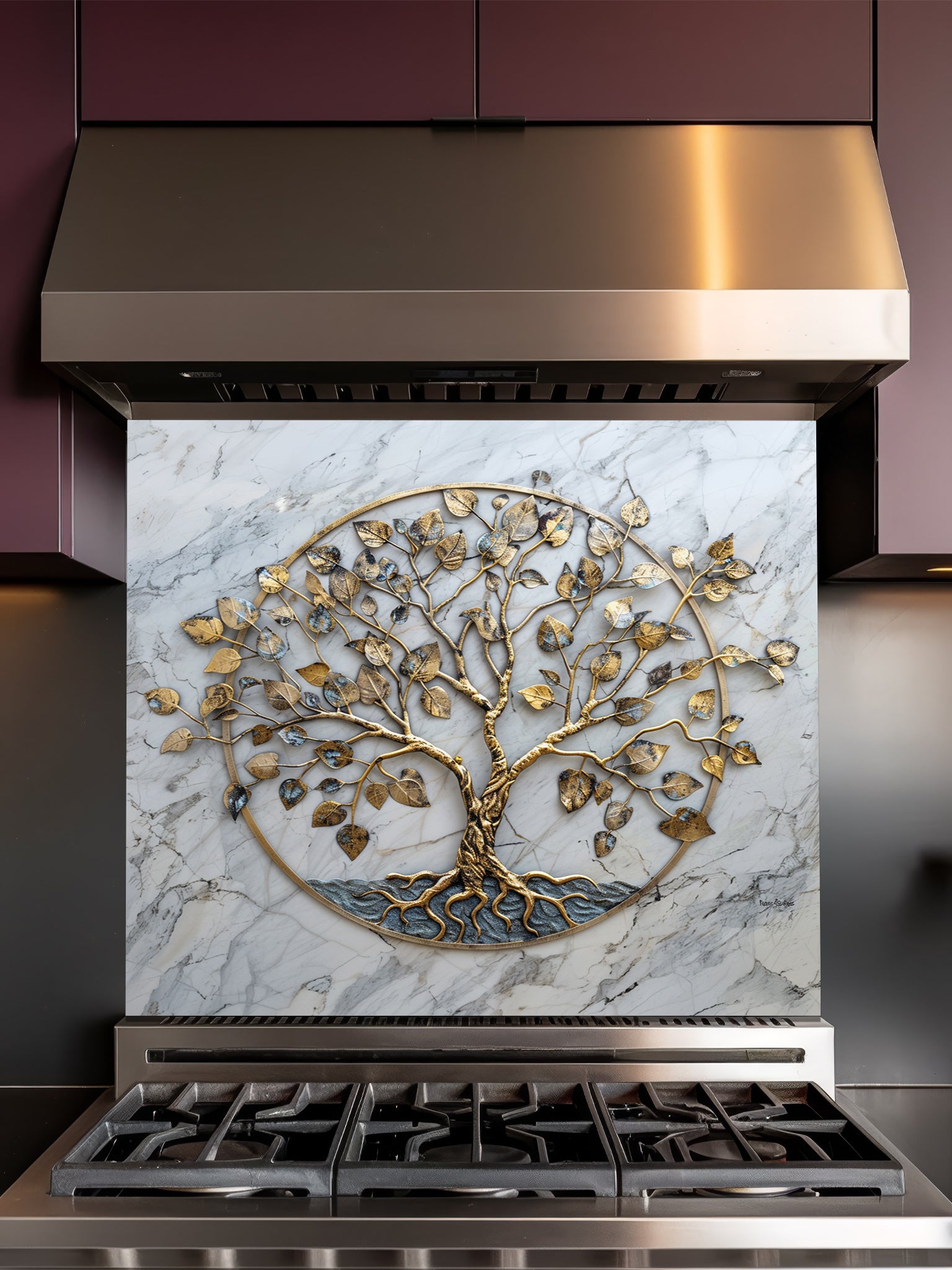 Faux 3D effect gold metal Tree of Life sculpture on an elegant white marble background, UV printed on a smooth tempered glass kitchen backsplash, installed behind a modern stove.