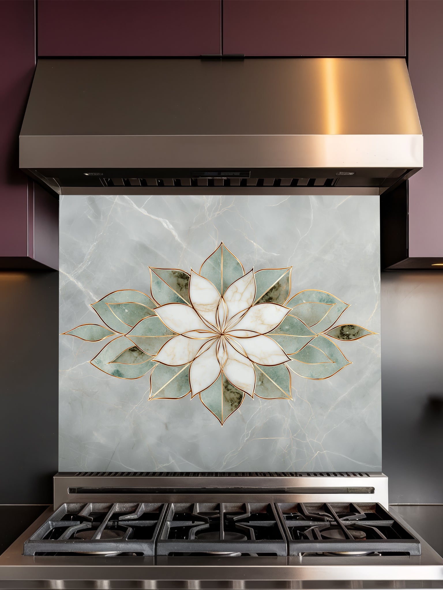 Faux light green jade marble kitchen backsplash featuring a sharp, geometric white and sage green stone lotus with gold inlay, UV printed on smooth tempered glass.