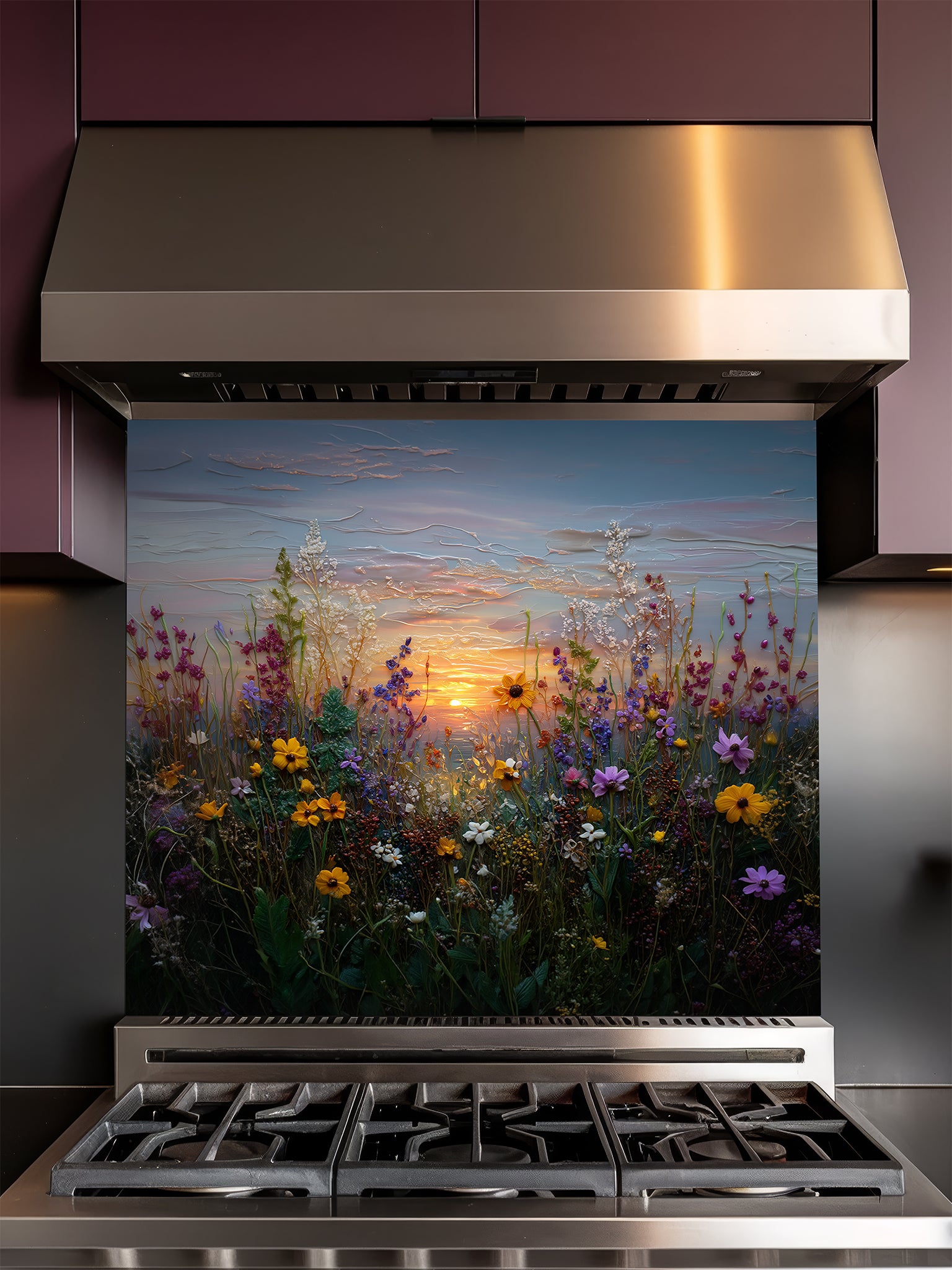 Tempered glass kitchen backsplash featuring a highly realistic 3D illusion of an impasto oil painting showing a vibrant wildflower meadow against a soft pastel sunset sky, installed behind a modern stainless steel stove.