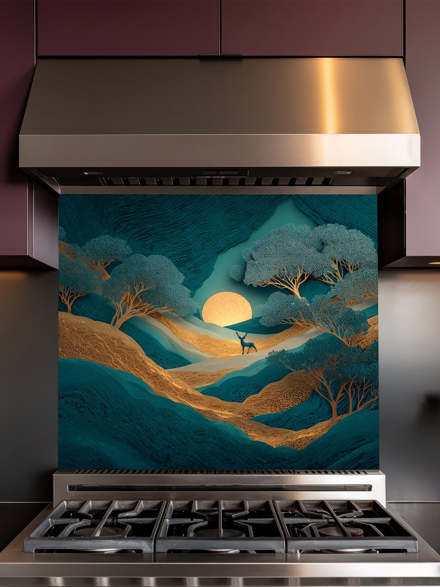 Faux 3D layered paper art of a mystical teal and gold forest with a deer and glowing moon, UV printed on a smooth tempered glass kitchen backsplash, installed behind a modern stove.