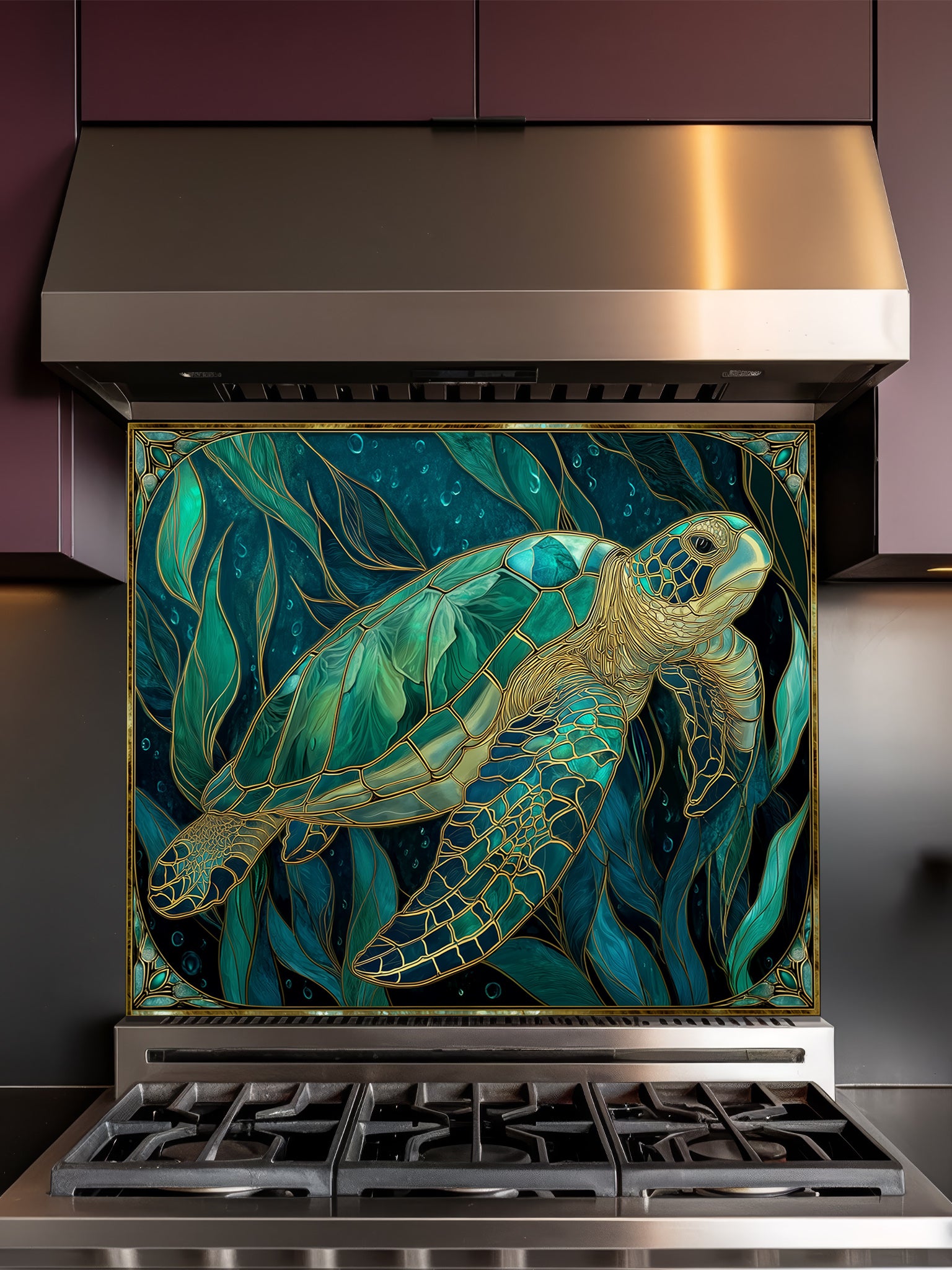 Tempered glass kitchen backsplash featuring a highly realistic 3D illusion of Art Nouveau stained glass showing a graceful sea turtle swimming among flowing teal and emerald underwater botanicals outlined in gold, installed behind a modern stainless steel stove.