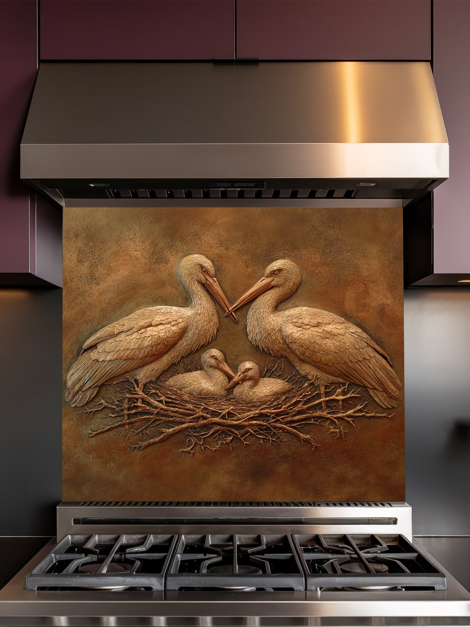 Faux 3D sculpted bronze relief of a stork family in a nest set against a rustic metallic background, UV printed on a smooth tempered glass kitchen backsplash.