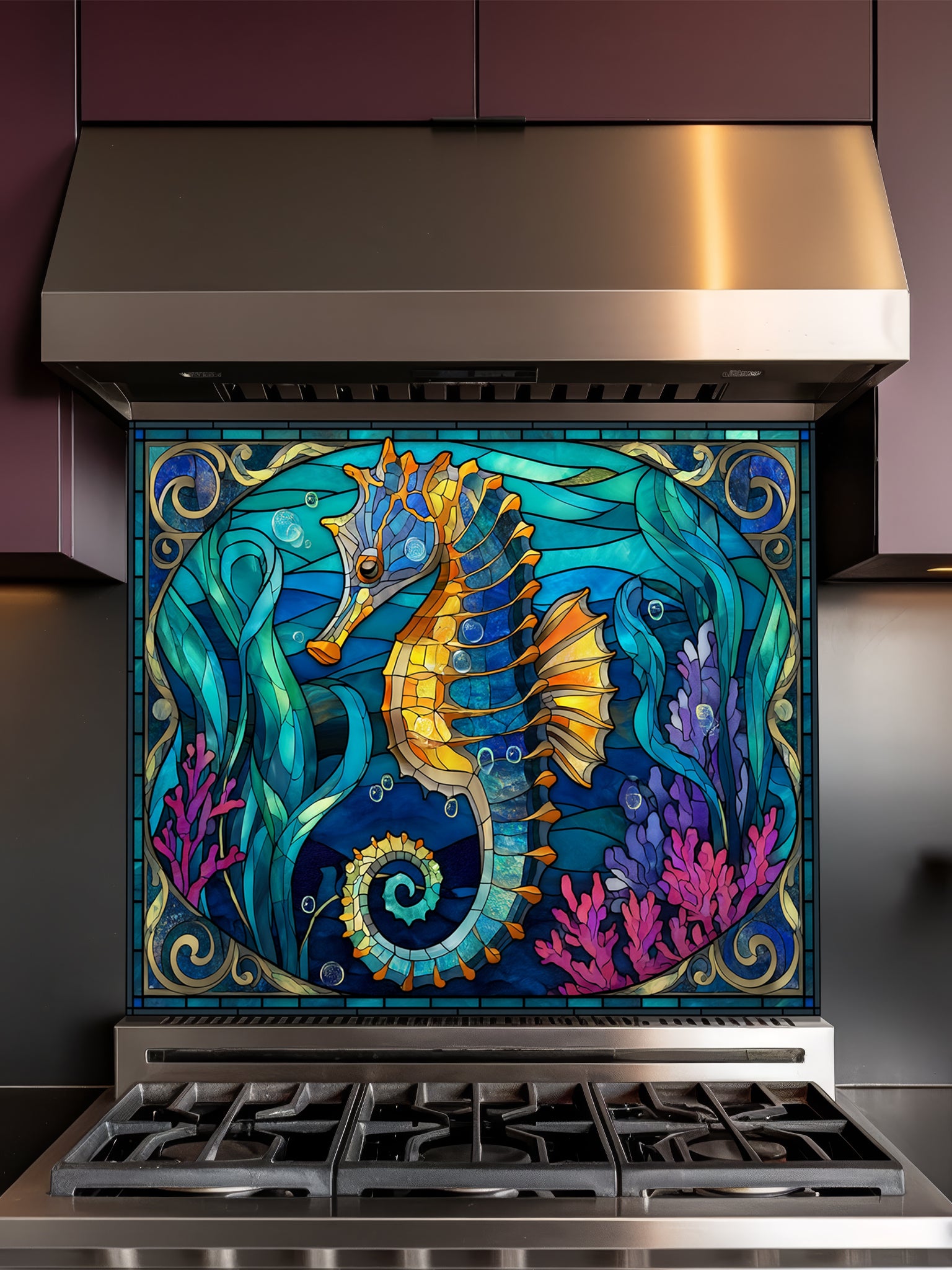 Faux stained glass pattern featuring a vibrant golden seahorse, magenta corals, and swirling turquoise ocean waves, UV printed on a smooth tempered glass kitchen backsplash.