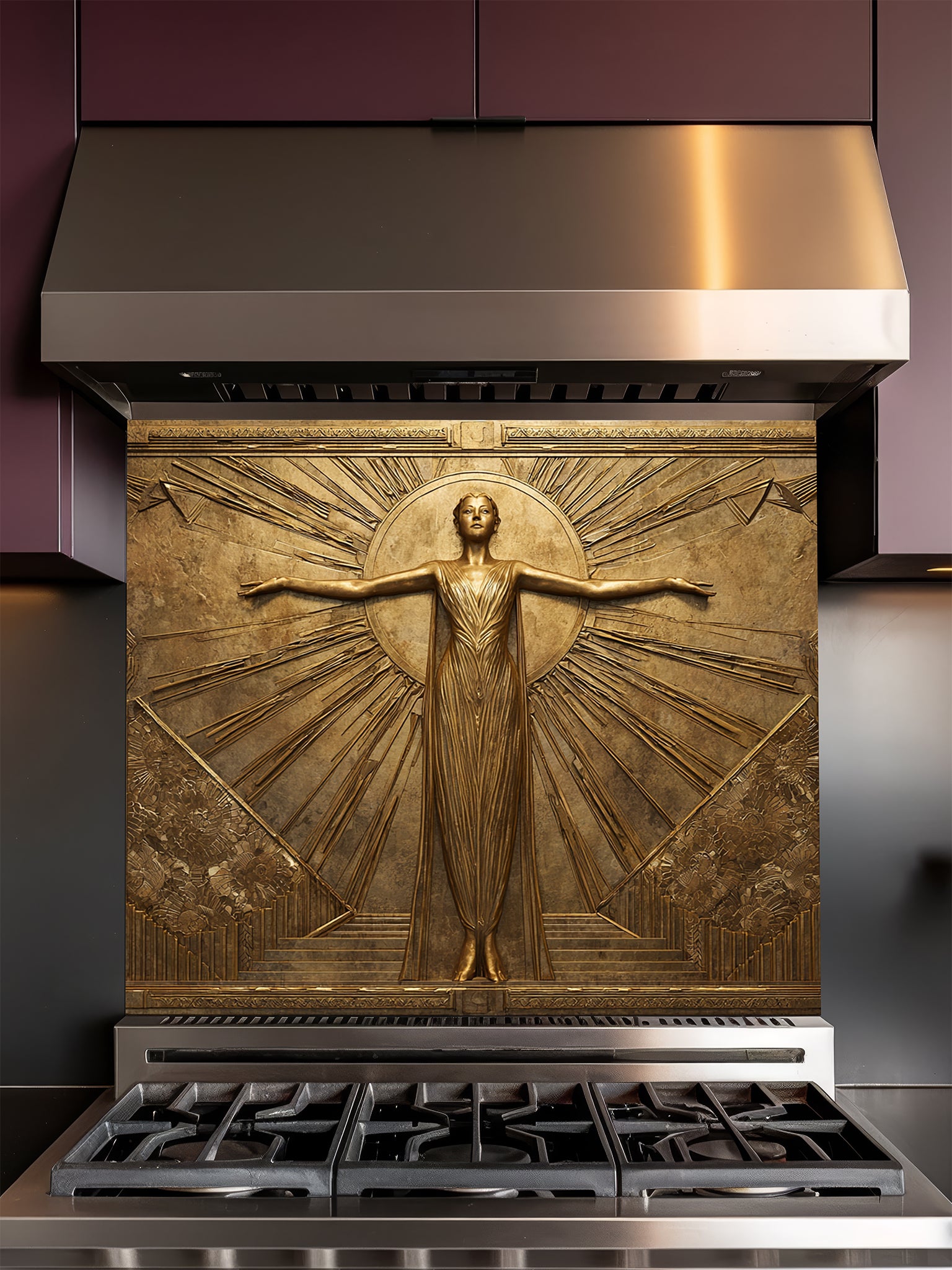 Tempered glass kitchen backsplash featuring a highly realistic 3D faux gold metal relief of a vintage Art Deco woman framed by elegant sunburst rays, installed behind a modern stainless steel stove.
