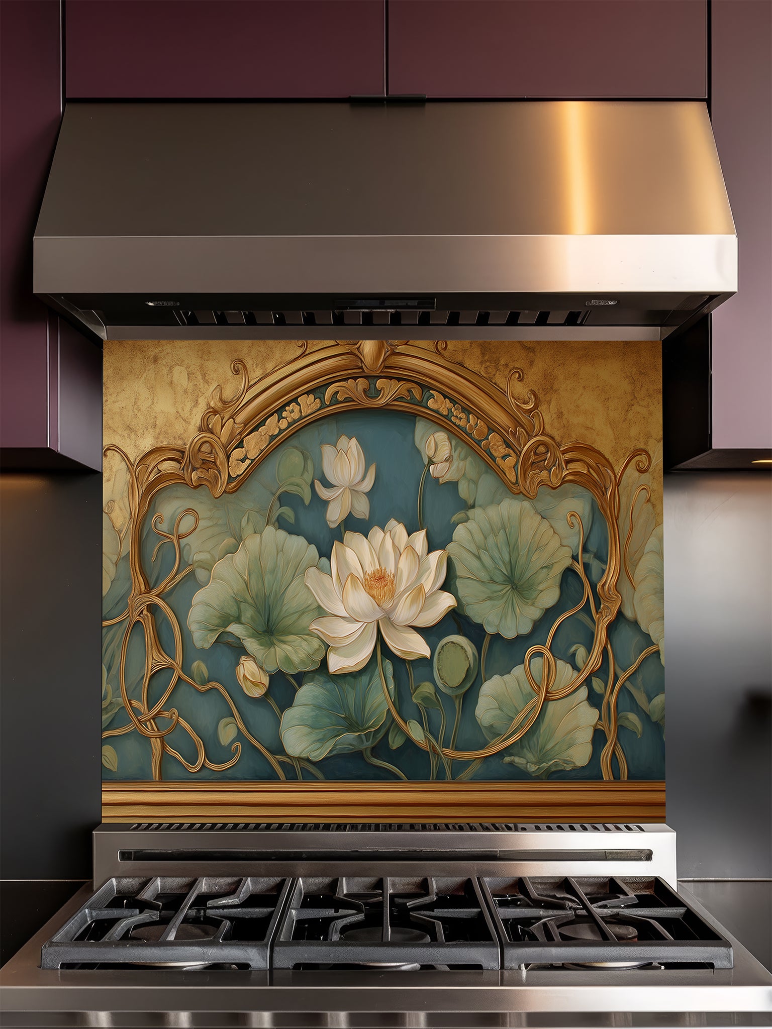 Tempered glass kitchen backsplash featuring a realistic 3D-effect ornate vintage gold frame enclosing a classic painting of white lotus flowers and lily pads on a teal background, installed behind a modern stainless steel stove.