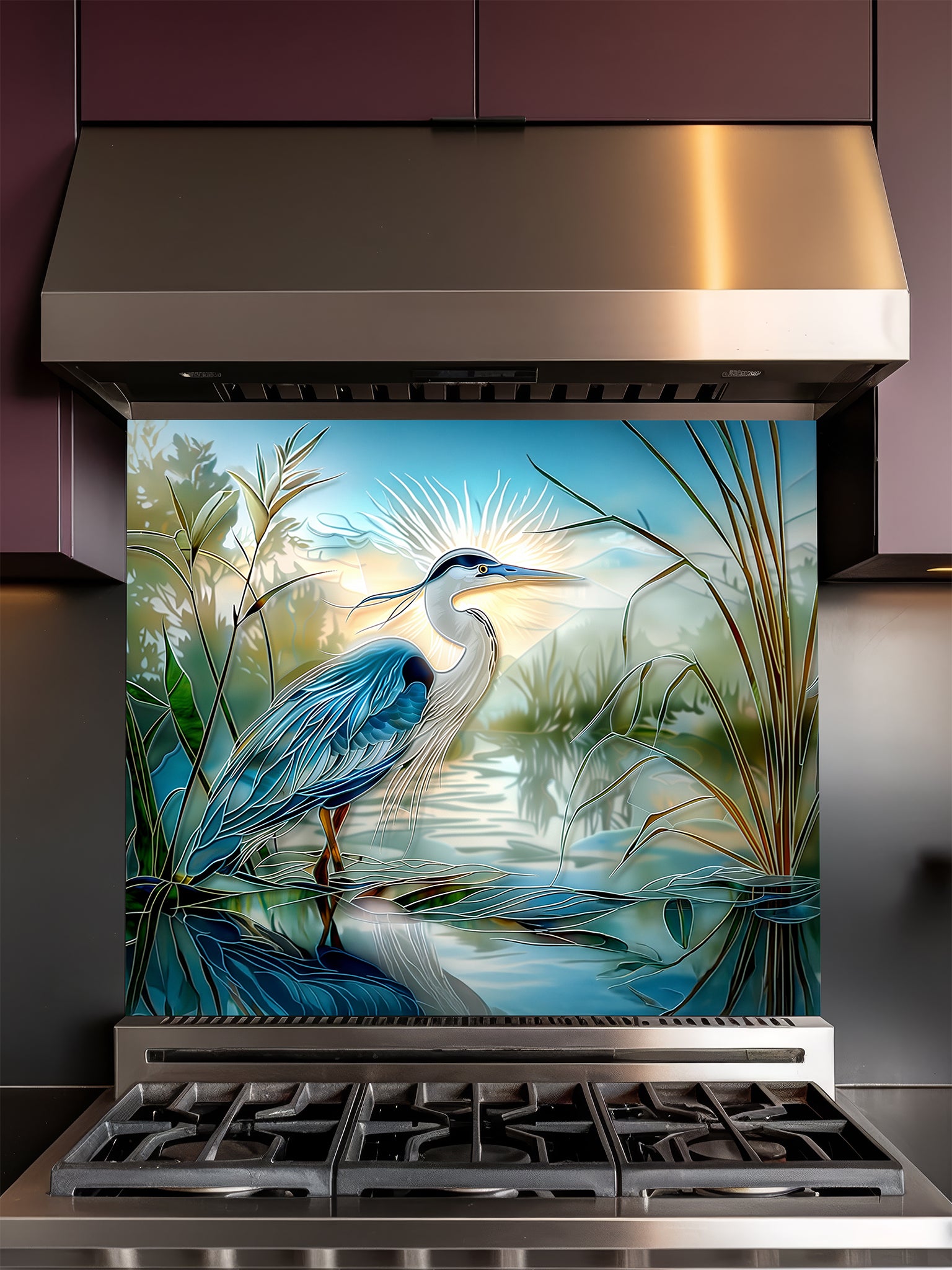 Tempered glass kitchen backsplash featuring a bright faux stained glass design of a majestic blue heron standing in a wetland, with bright sun rays radiating like a halo from behind its head, installed behind a modern stainless steel stove.