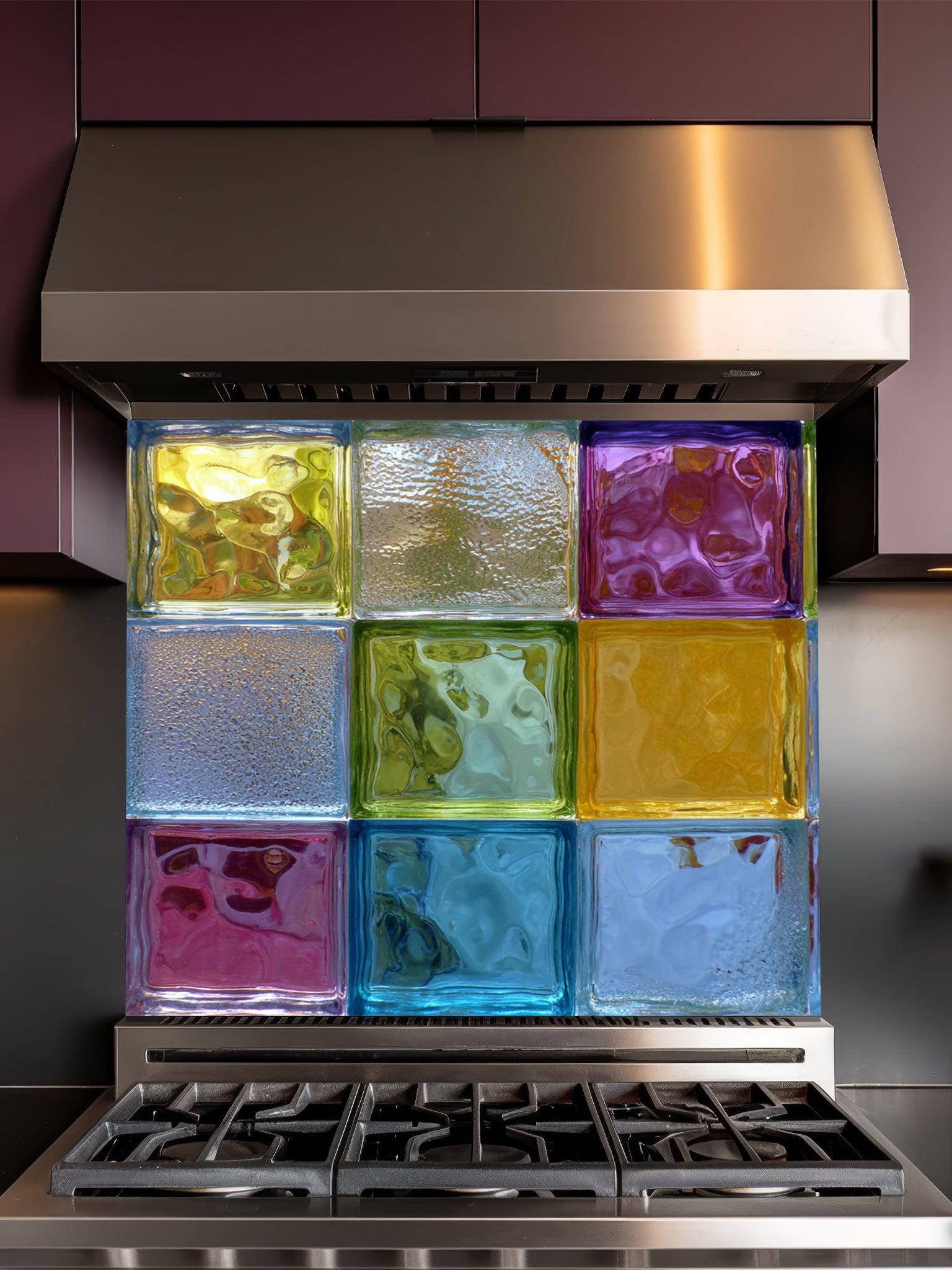Tempered glass kitchen backsplash featuring a highly realistic 3D illusion of colorful architectural glass blocks in vibrant translucent hues of blue, green, yellow, and purple with wavy textures, installed behind a modern stainless steel stove.