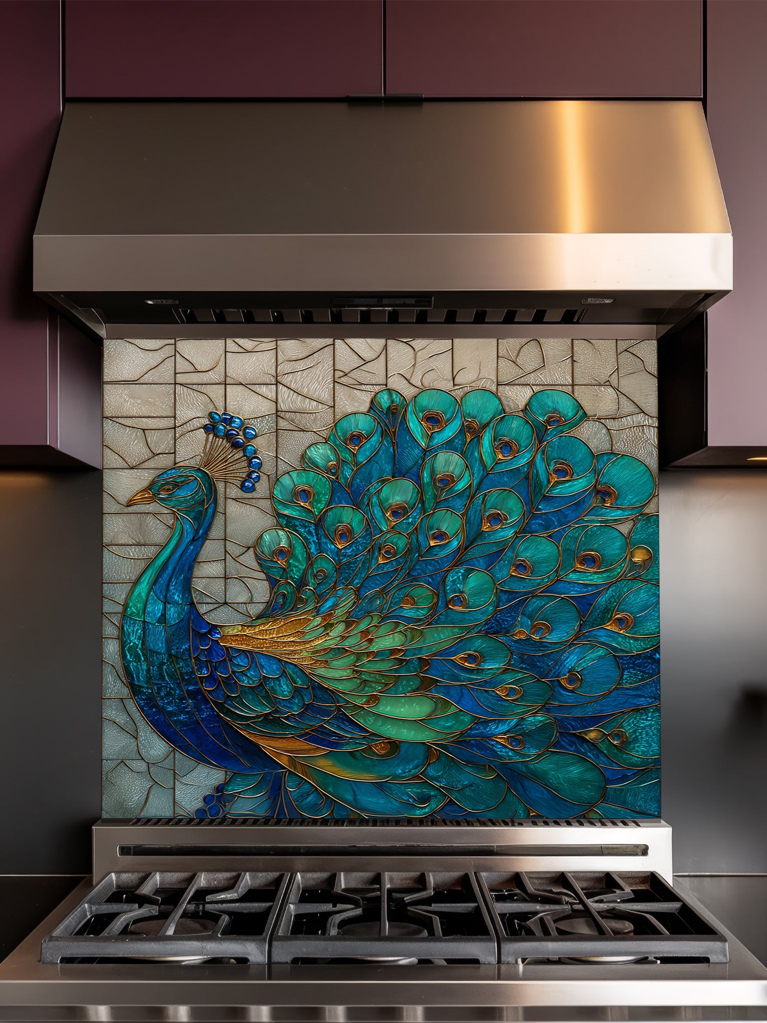 Stained glass style majestic peacock with spread feathers in teal, blue, and gold, UV printed on a smooth tempered glass kitchen backsplash, installed behind a modern stove.