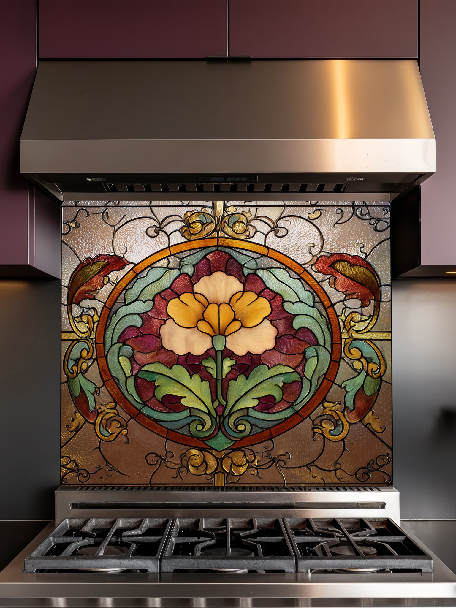 Stained glass style vintage floral medallion in warm amber, burgundy, and green tones, UV printed on a smooth tempered glass kitchen backsplash, installed behind a modern stove.