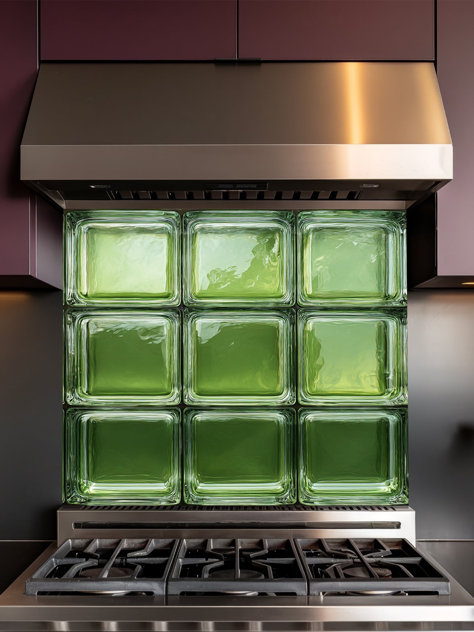 Tempered glass kitchen backsplash featuring a highly realistic 3D illusion of architectural glass blocks in vibrant translucent vintage green with authentic wavy textures, installed behind a modern black stove.