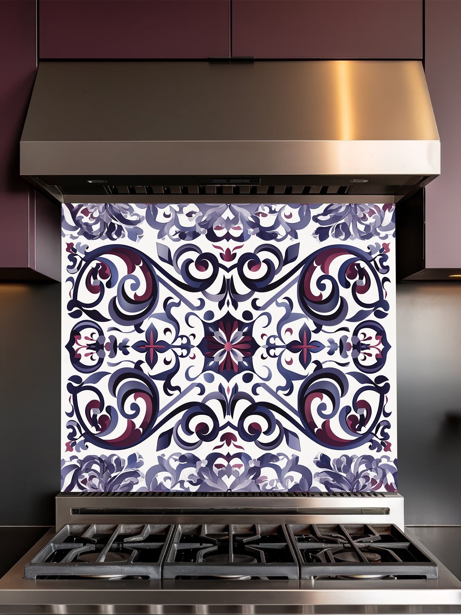 Tempered glass kitchen backsplash featuring a highly realistic illusion of classic Mediterranean or Moroccan tiles, showcasing an elegant, symmetrical Damask pattern in deep navy blue, plum, and grey on a white background, installed behind a modern black stove.