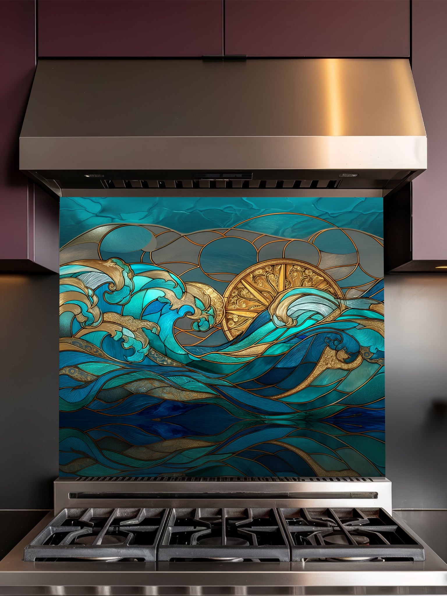 Art Deco stained glass style teal ocean waves and a golden sun UV printed on tempered glass kitchen backsplash, installed behind a modern stove.