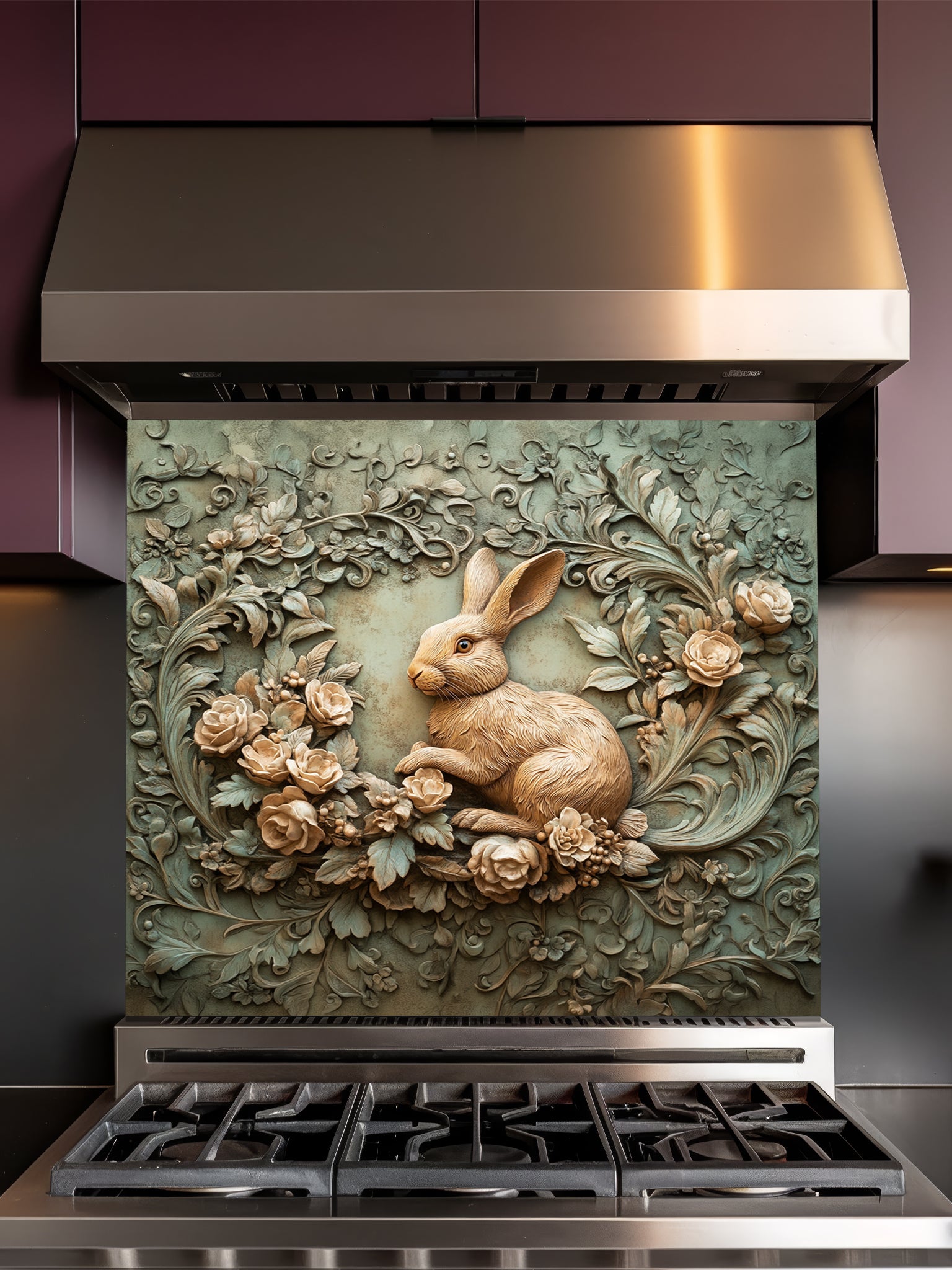 Tempered glass kitchen backsplash featuring a highly realistic 3D illusion of an antique carved bas-relief sculpture showing a gentle woodland rabbit surrounded by blooming roses and ornate foliage in warm earthy tones and a vintage greenish patina, installed behind a modern black stove.
