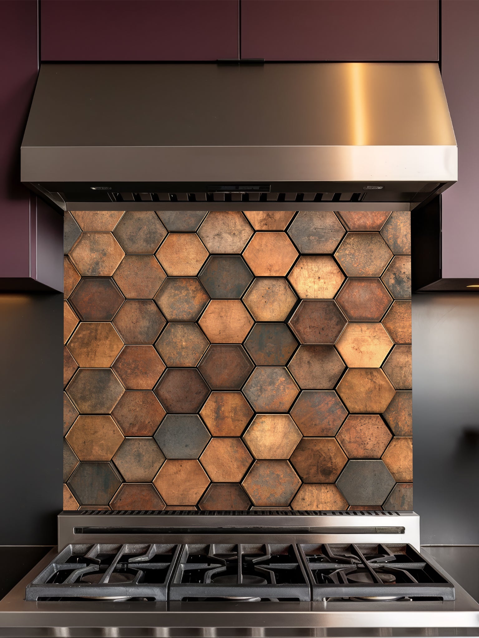 Faux 3D industrial metal hexagon honeycomb tile pattern in rustic copper and bronze tones, UV printed on a smooth tempered glass kitchen backsplash.