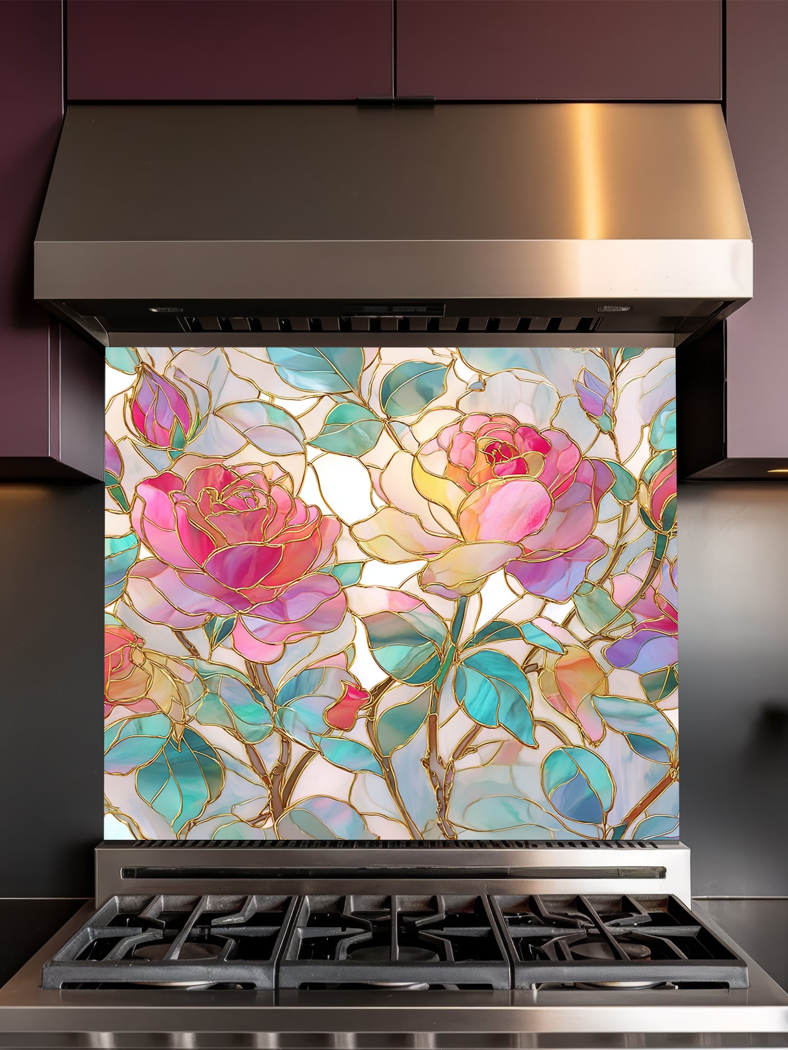 Tempered glass kitchen backsplash featuring a highly realistic 3D illusion of stained glass art showing large, elegant blooming pink and magenta roses with teal and green leaves, beautifully outlined in faux gold, installed behind a modern black stove.