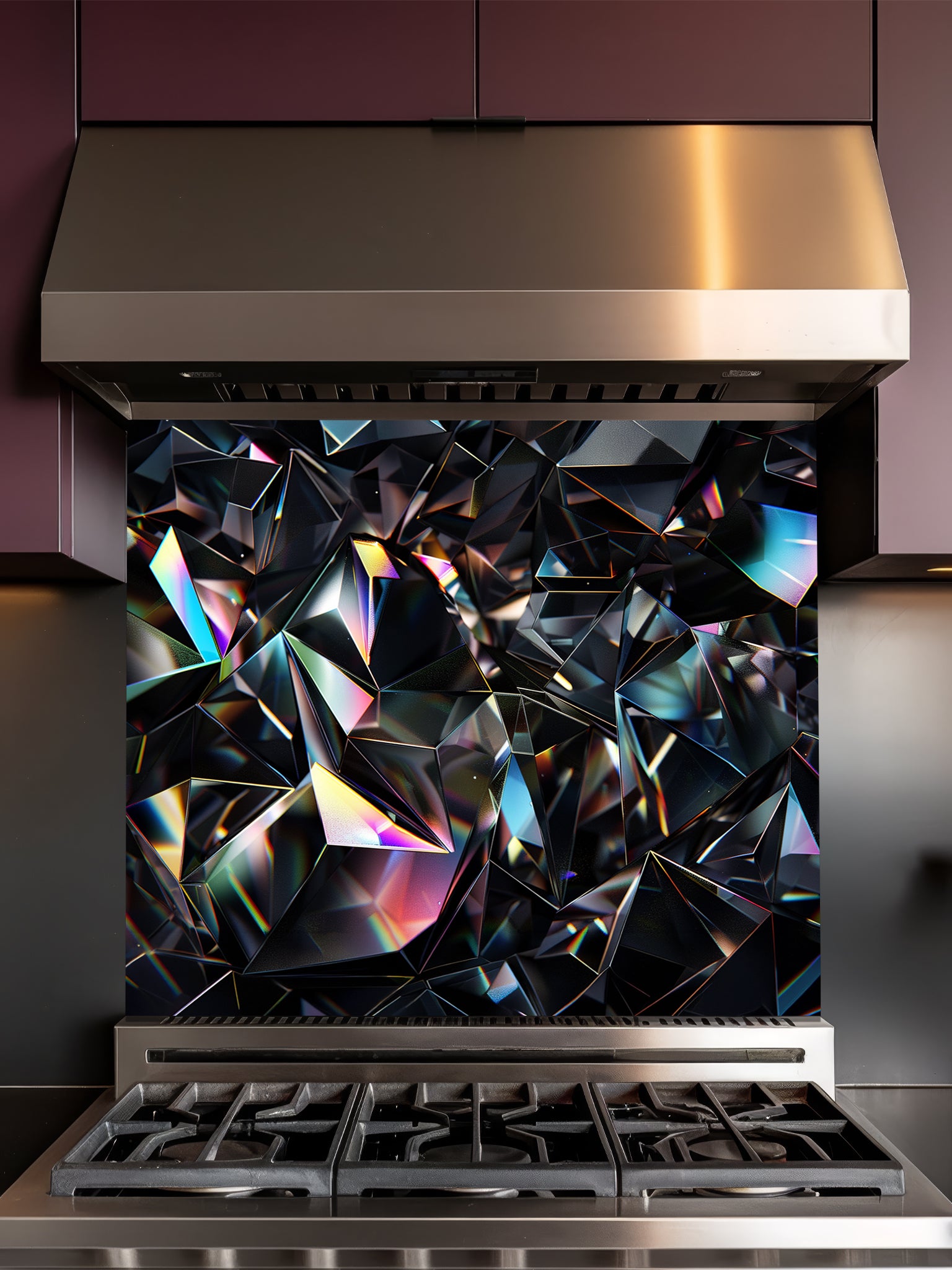 Faux 3D effect dark geometric crystal facets with iridescent rainbow edges, UV printed on a smooth tempered glass kitchen backsplash, installed behind a modern stove.