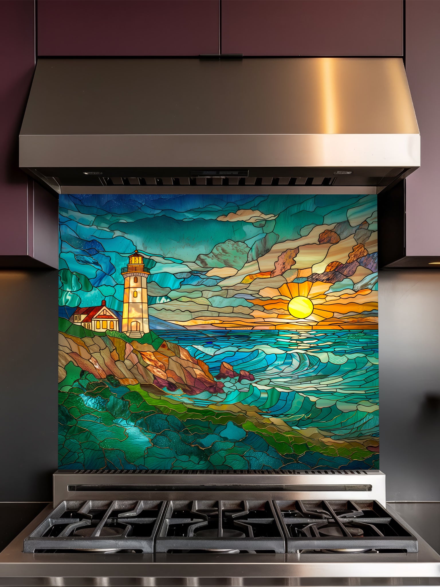 Stained glass style coastal landscape with a lighthouse on a rocky cliff and a vibrant ocean sunset, UV printed on a smooth tempered glass kitchen backsplash, installed behind a modern stove.