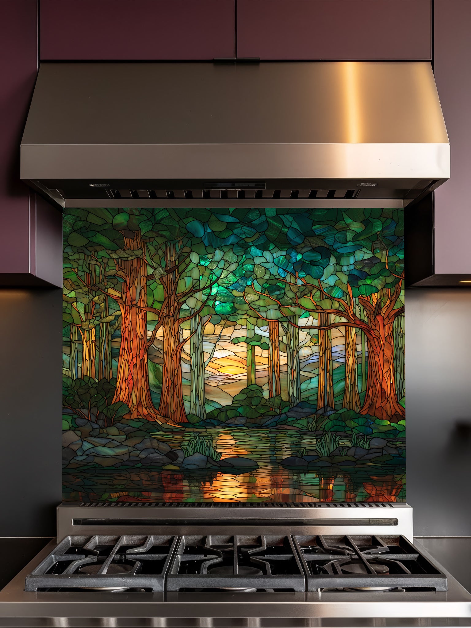 A modern kitchen featuring a tempered glass backsplash with a beautiful stained glass effect landscape, showcasing a lush green forest, tall trees, and a tranquil river at sunset, installed behind a modern black stove.