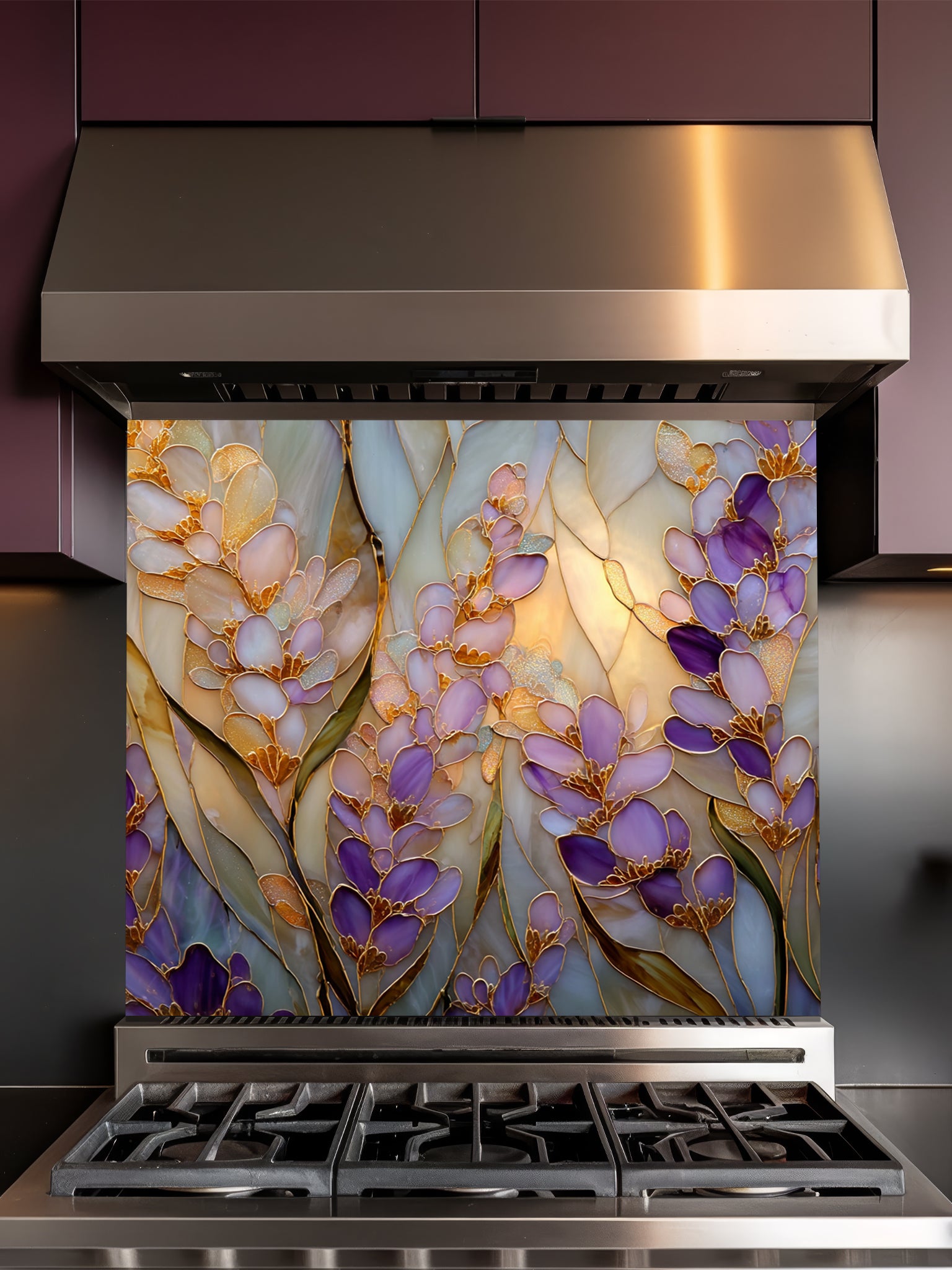 Tempered glass kitchen backsplash featuring a highly realistic 3D illusion of Art Nouveau stained glass art showing elegant, sweeping clusters of purple lavender and lilac blossoms with green leaves outlined in gold against a warm amber background, installed behind a modern black stove.