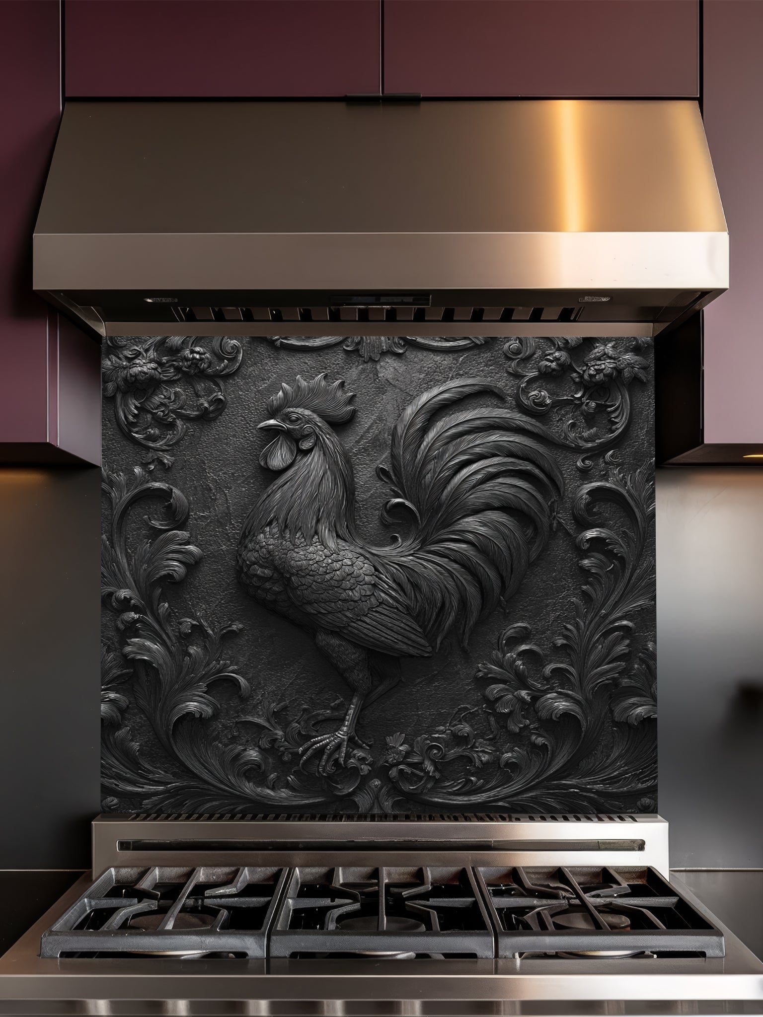 Faux 3D sculpted dark slate and black cast iron relief of a majestic rooster and botanical motifs, UV printed on a smooth tempered glass kitchen backsplash.