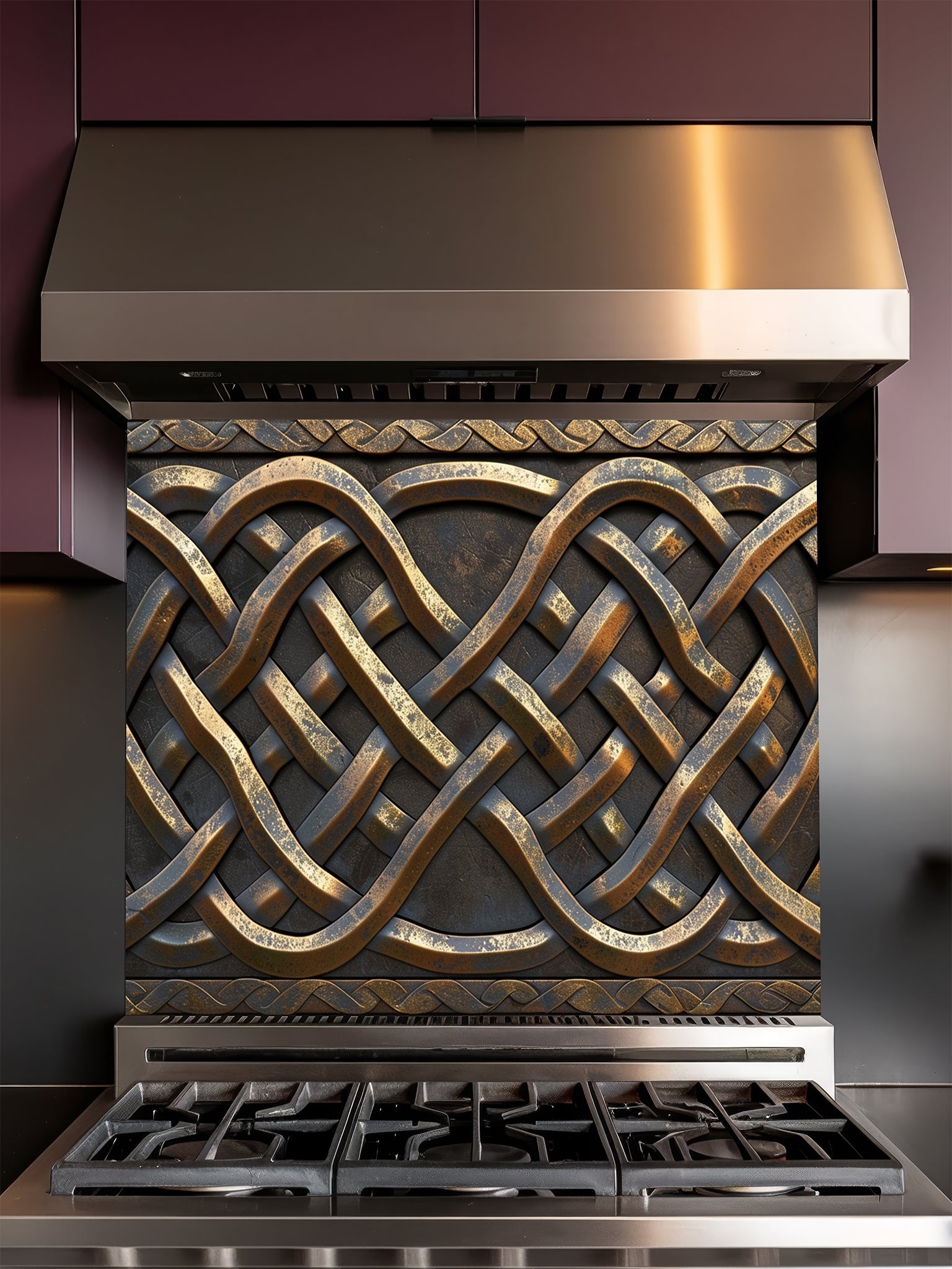 Tempered glass kitchen backsplash featuring a highly realistic 3D faux metal design of intricate interlaced Celtic knots in antique bronze and dark iron tones, installed behind a modern stainless steel stove.