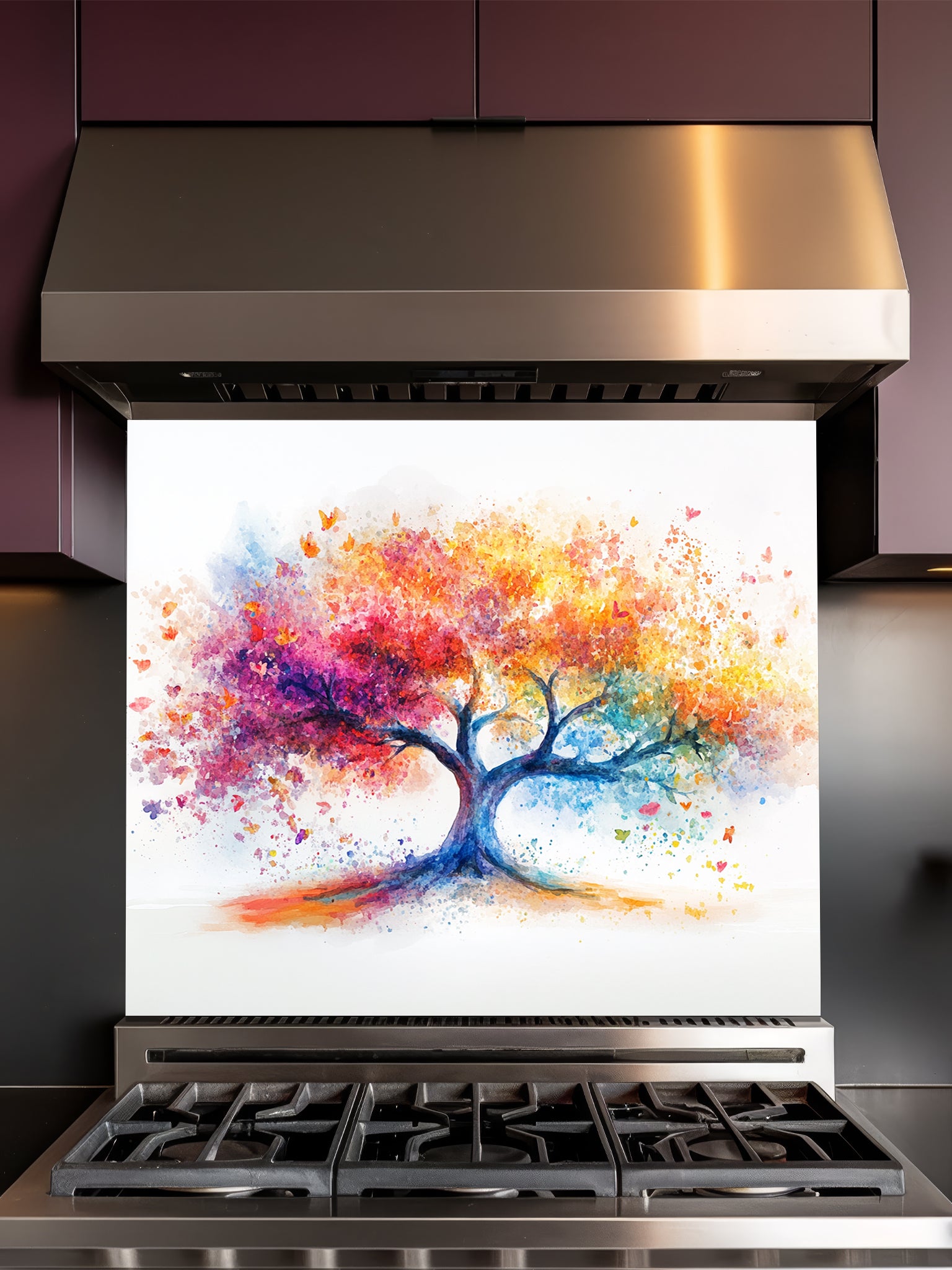 Vibrant watercolor style Tree of Life with colorful paint splatters in rainbow hues, UV printed on a smooth tempered glass kitchen backsplash.