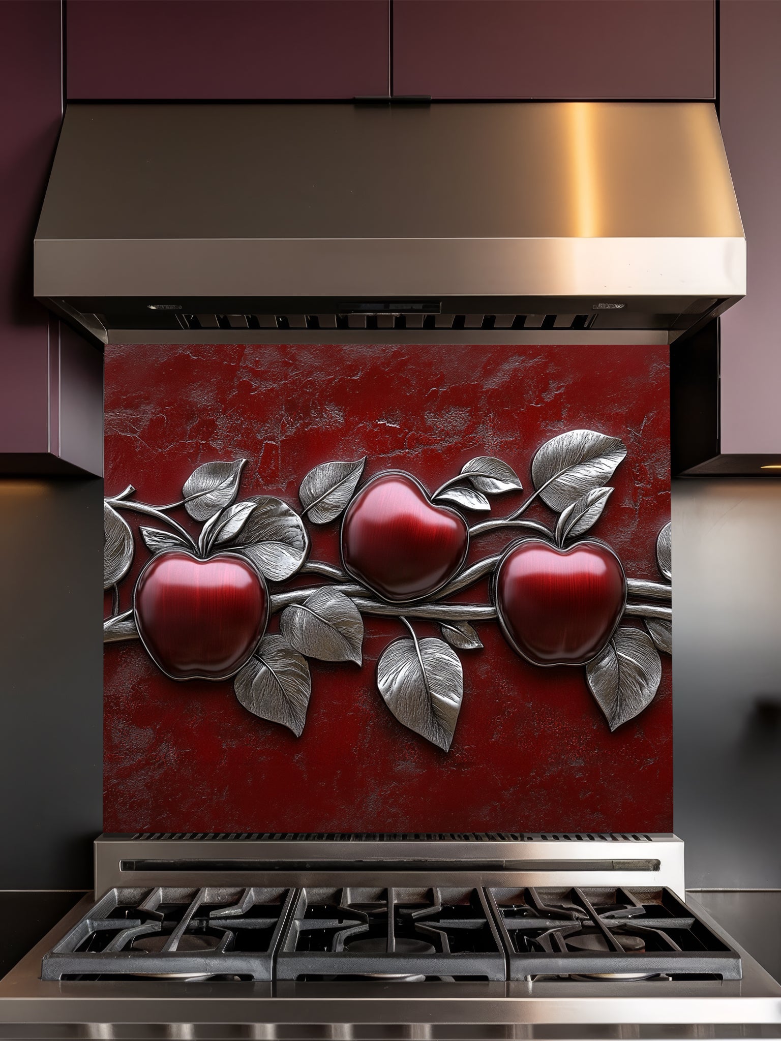 Faux 3D effect glossy red apples and metallic silver leaves on a textured crimson background, UV printed on a smooth tempered glass kitchen backsplash.