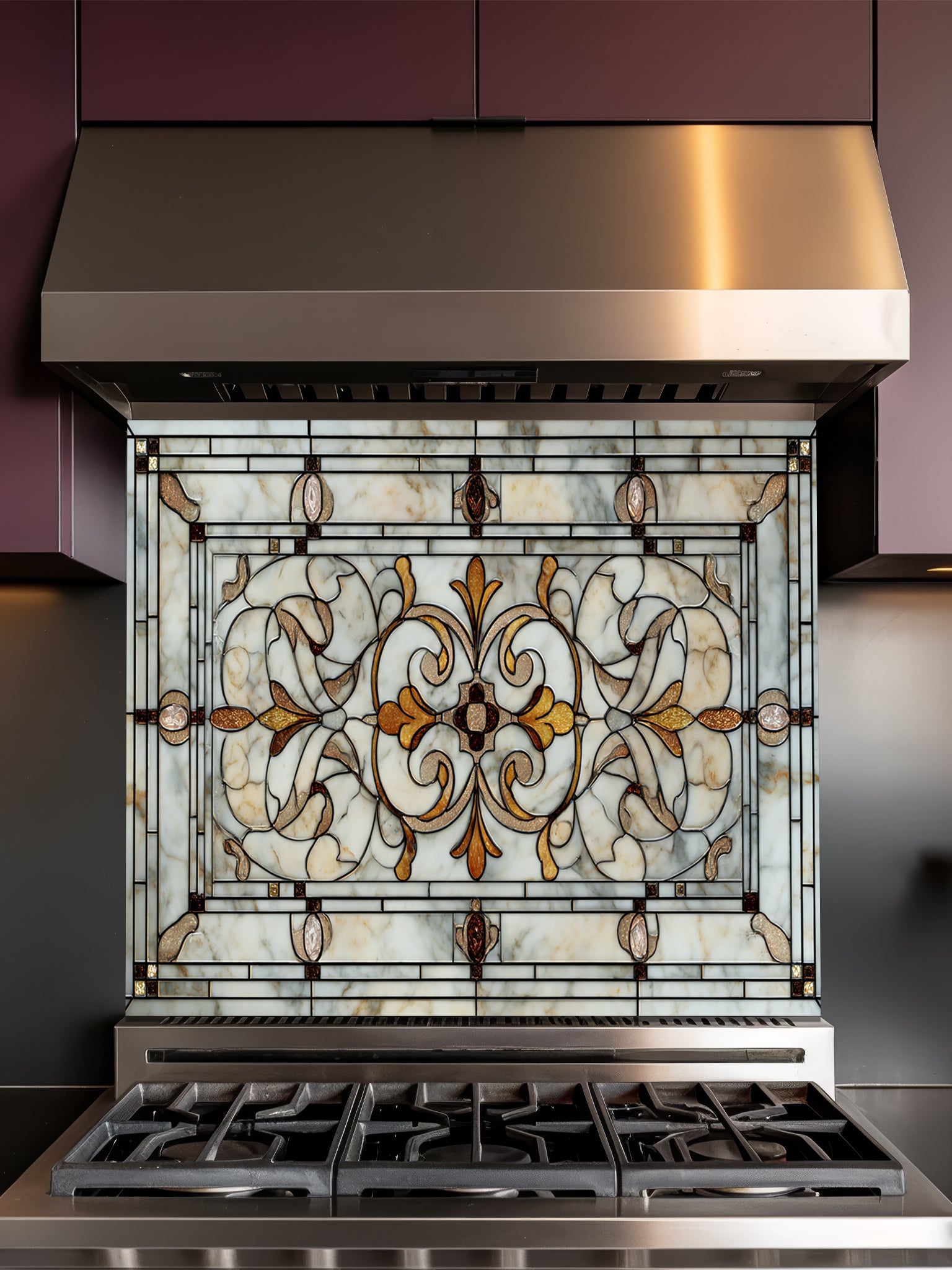 Faux antique leaded stained glass panel featuring elegant symmetrical scrollwork in warm amber and marbled cream tones, UV printed on a smooth tempered glass kitchen backsplash.