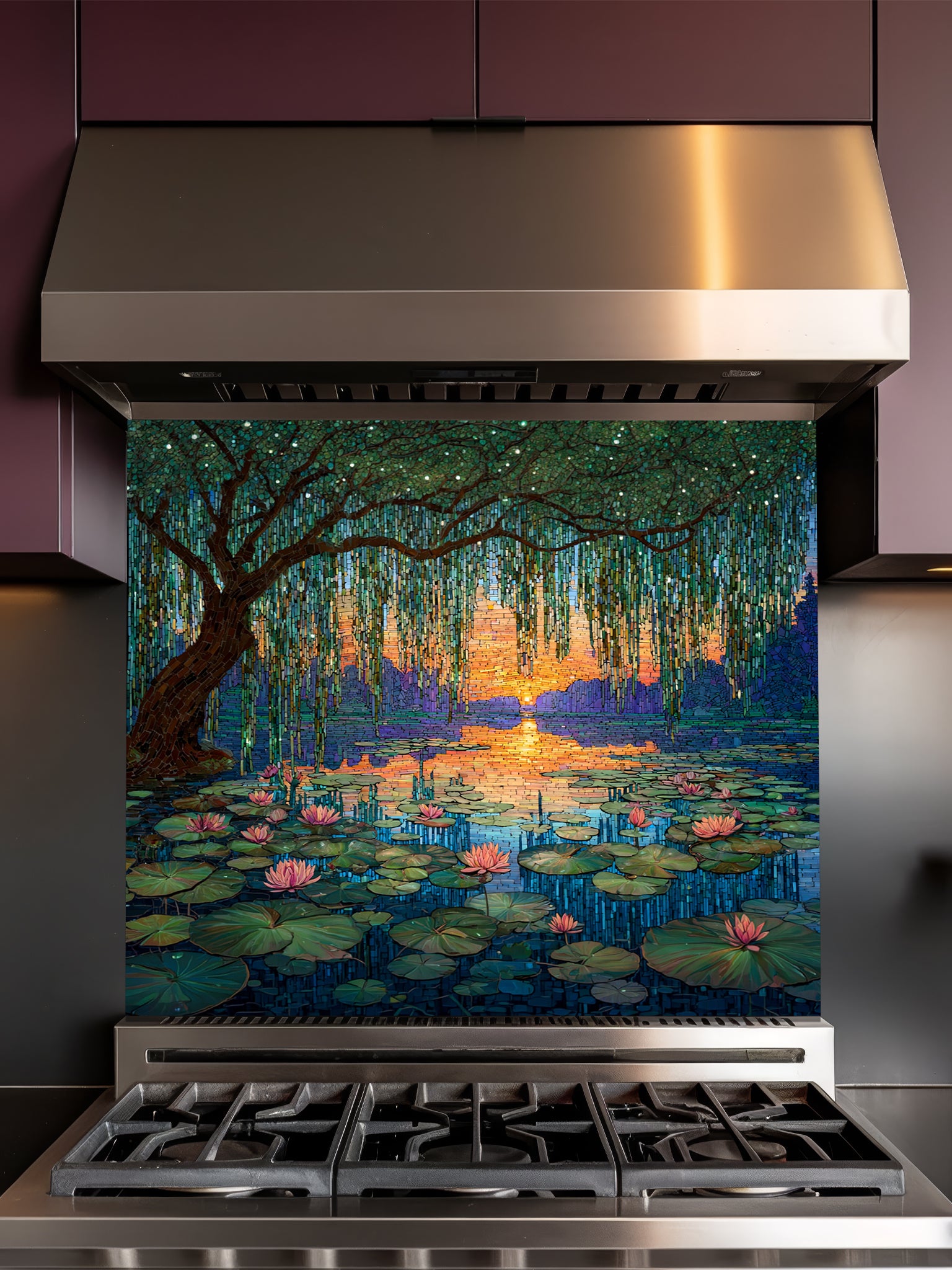 Tempered glass kitchen backsplash featuring a highly realistic 3D illusion of intricate mosaic tile art showing a majestic weeping willow tree and blooming pink water lilies on a tranquil lake during a vibrant golden and purple sunset, installed behind a modern black stove.