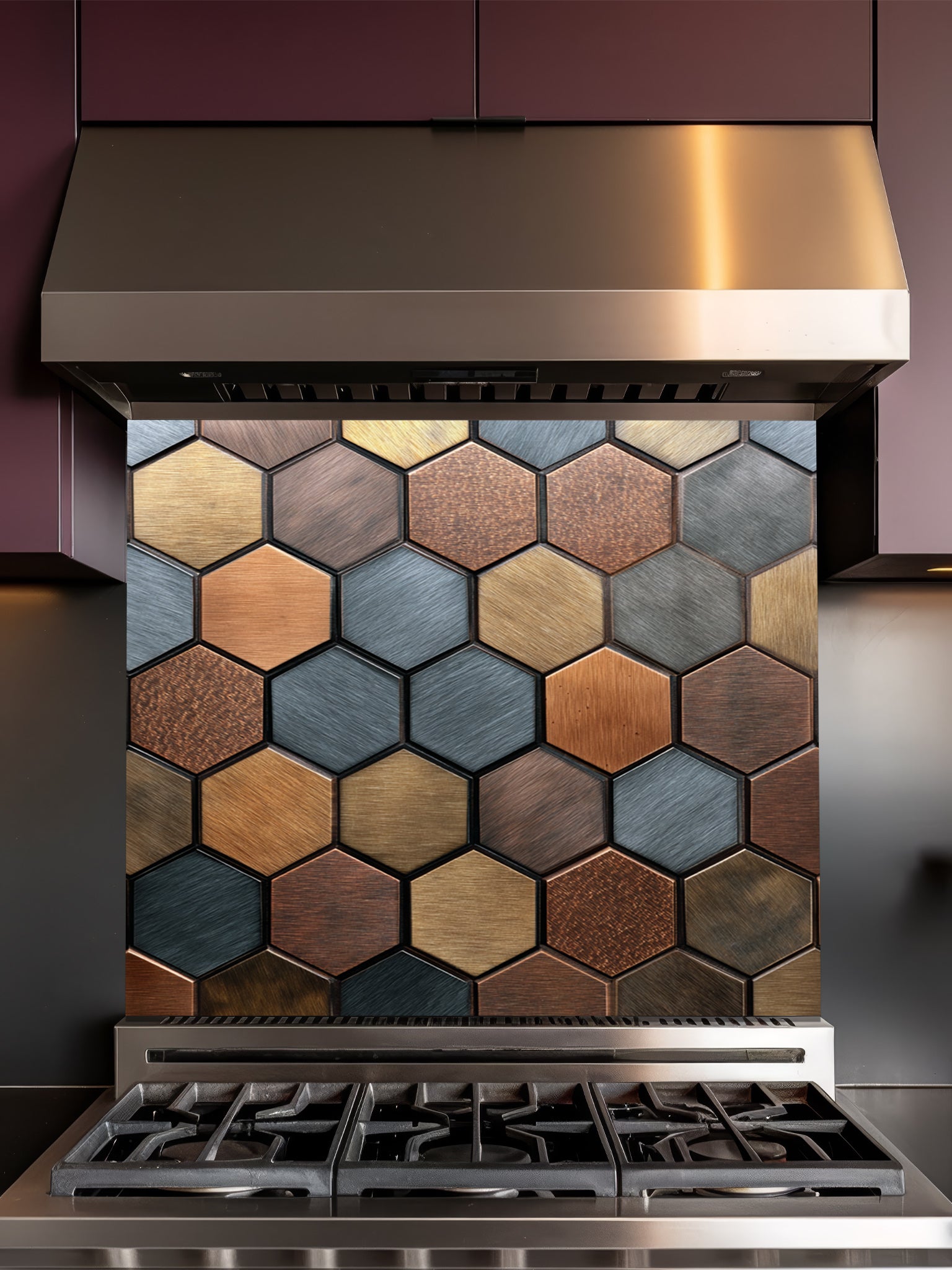 Faux 3D effect mixed metallic hexagon tiles in copper, bronze, and steel tones, UV printed on a smooth tempered glass kitchen backsplash, installed behind a modern stove.