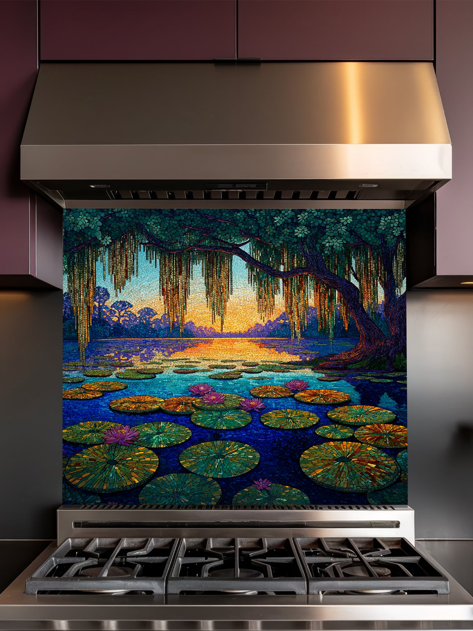 Tempered glass kitchen backsplash featuring a highly realistic 3D illusion of a Pointillist or Impressionist fine art painting, showing a tranquil lake with pink water lilies and a weeping willow at sunset, created with thousands of tiny textured paint dots, installed behind a modern black stove.