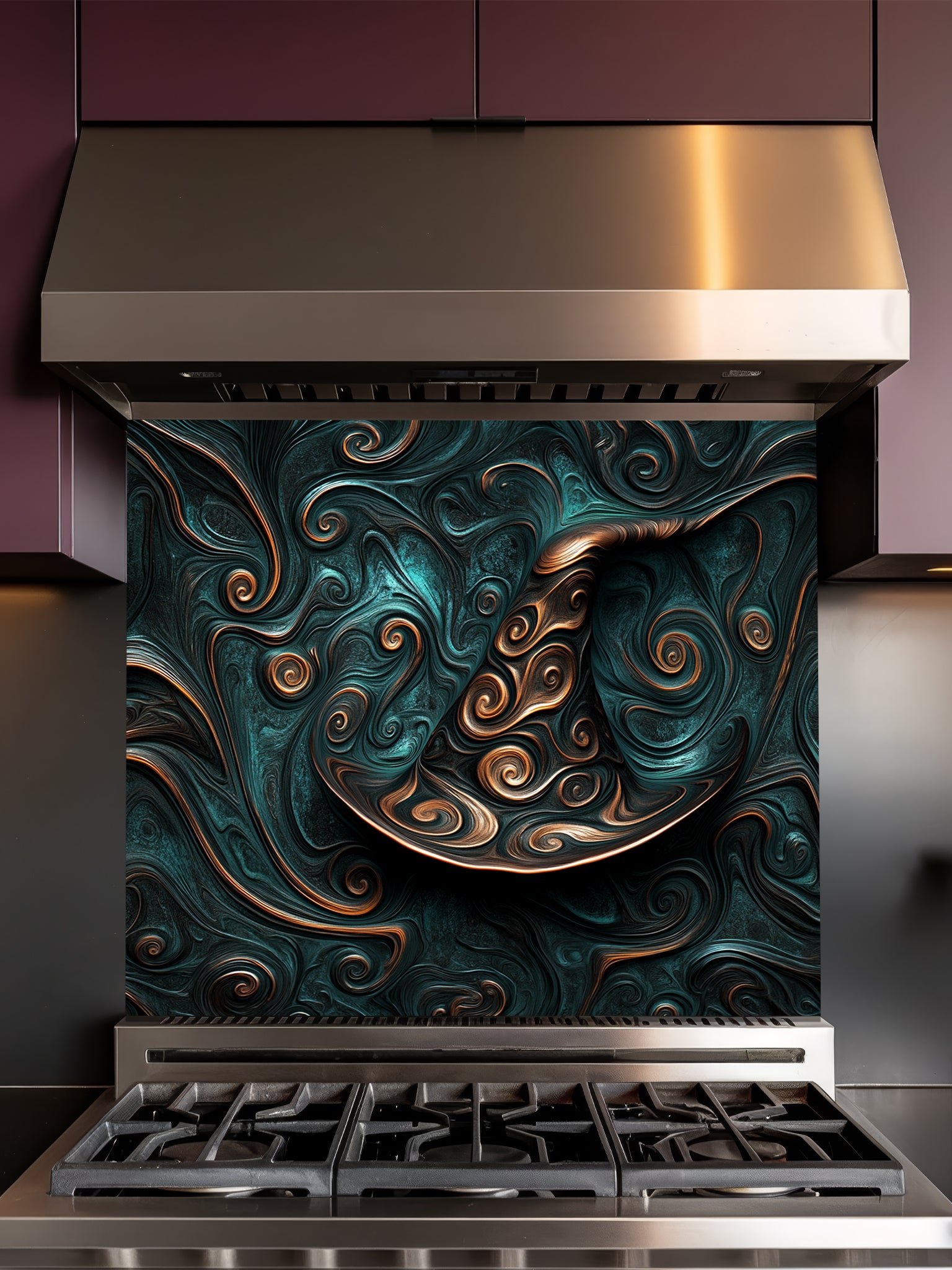 Tempered glass kitchen backsplash featuring a highly realistic 3D illusion of an abstract witch hat formed by smooth, mesmerizing fluid art and fractal swirls in deep teal and metallic copper, installed behind a modern black stove.
