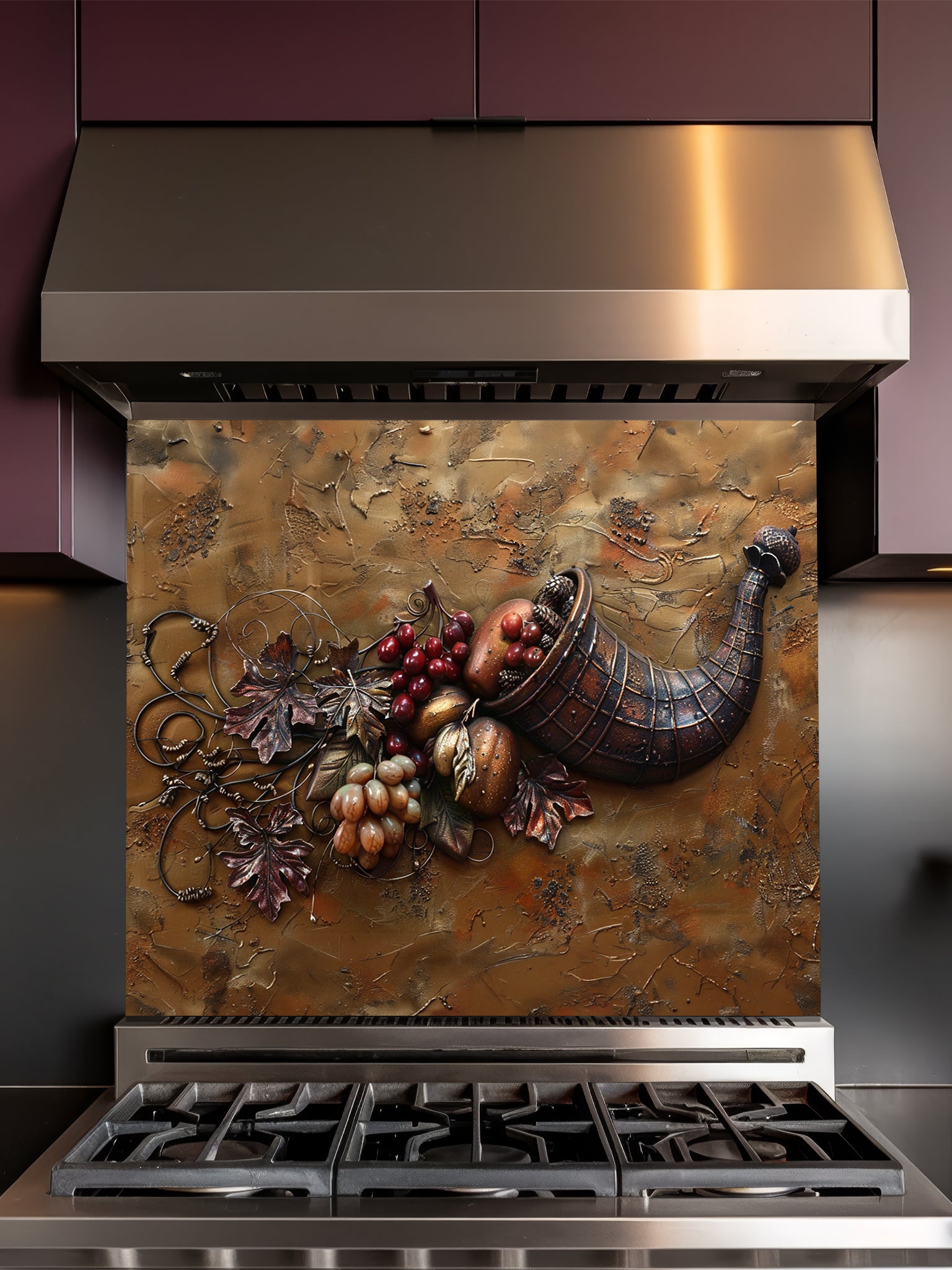 Faux 3D effect carved bronze cornucopia overflowing with grapes and autumn leaves on a textured metal background, UV printed on a smooth tempered glass kitchen backsplash.