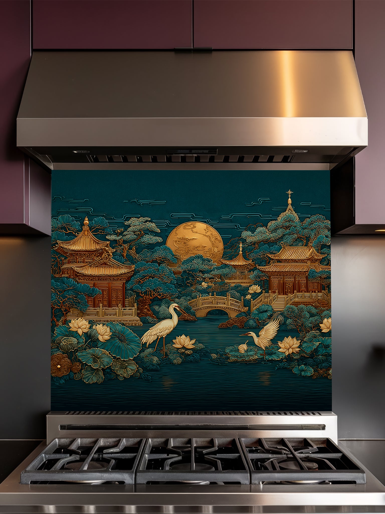 Faux 3D sculpted relief of an Asian landscape featuring golden pagodas, cranes, and a full moon against a deep teal background, UV printed on a smooth tempered glass kitchen backsplash.
