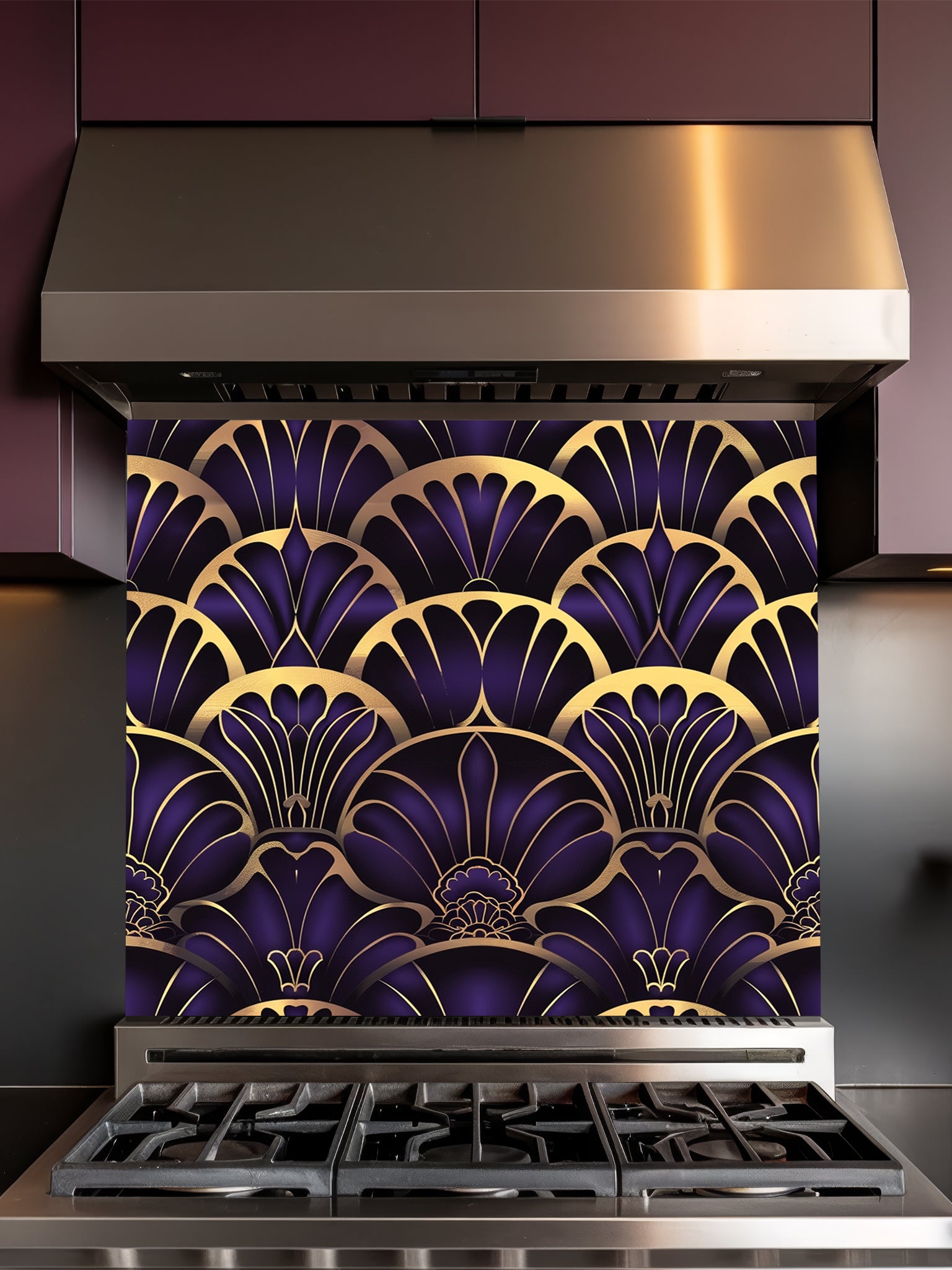 Tempered glass kitchen backsplash featuring a highly realistic 3D illusion of an Art Deco geometric scalloped fan pattern in luxurious royal purple and faux gold metallic outlines, installed behind a modern black stove.