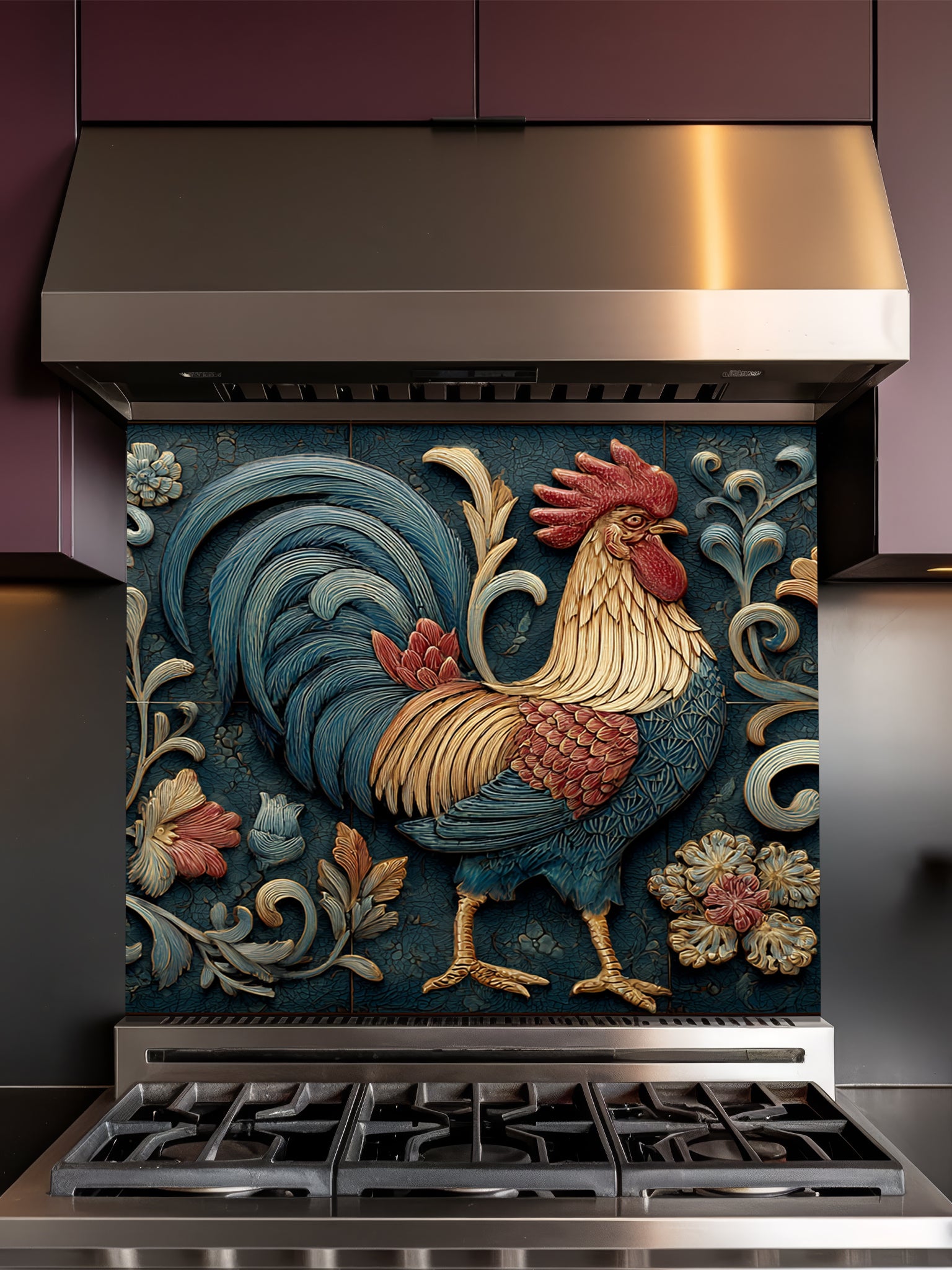 Faux 3D carved relief of a majestic rooster and floral motifs in teal and rust tones, UV printed on a smooth tempered glass kitchen backsplash.