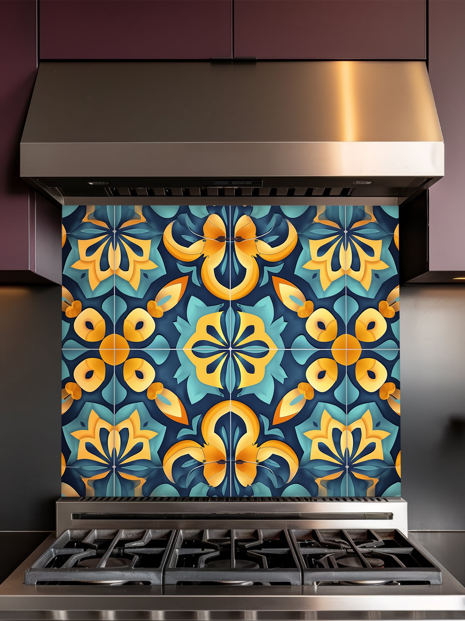 Tempered glass kitchen backsplash featuring a highly realistic illusion of traditional Moroccan encaustic tiles, showcasing a vibrant geometric floral pattern in teal, golden yellow, and deep navy, installed behind a modern black stove.