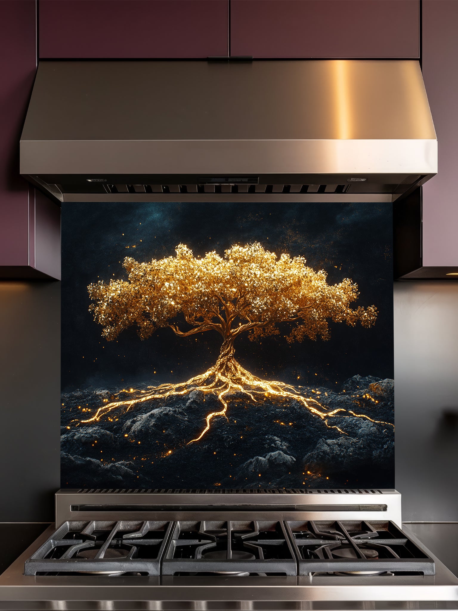 Faux glowing golden tree of life with illuminated roots on a dark mystical background, UV printed on a smooth tempered glass kitchen backsplash.
